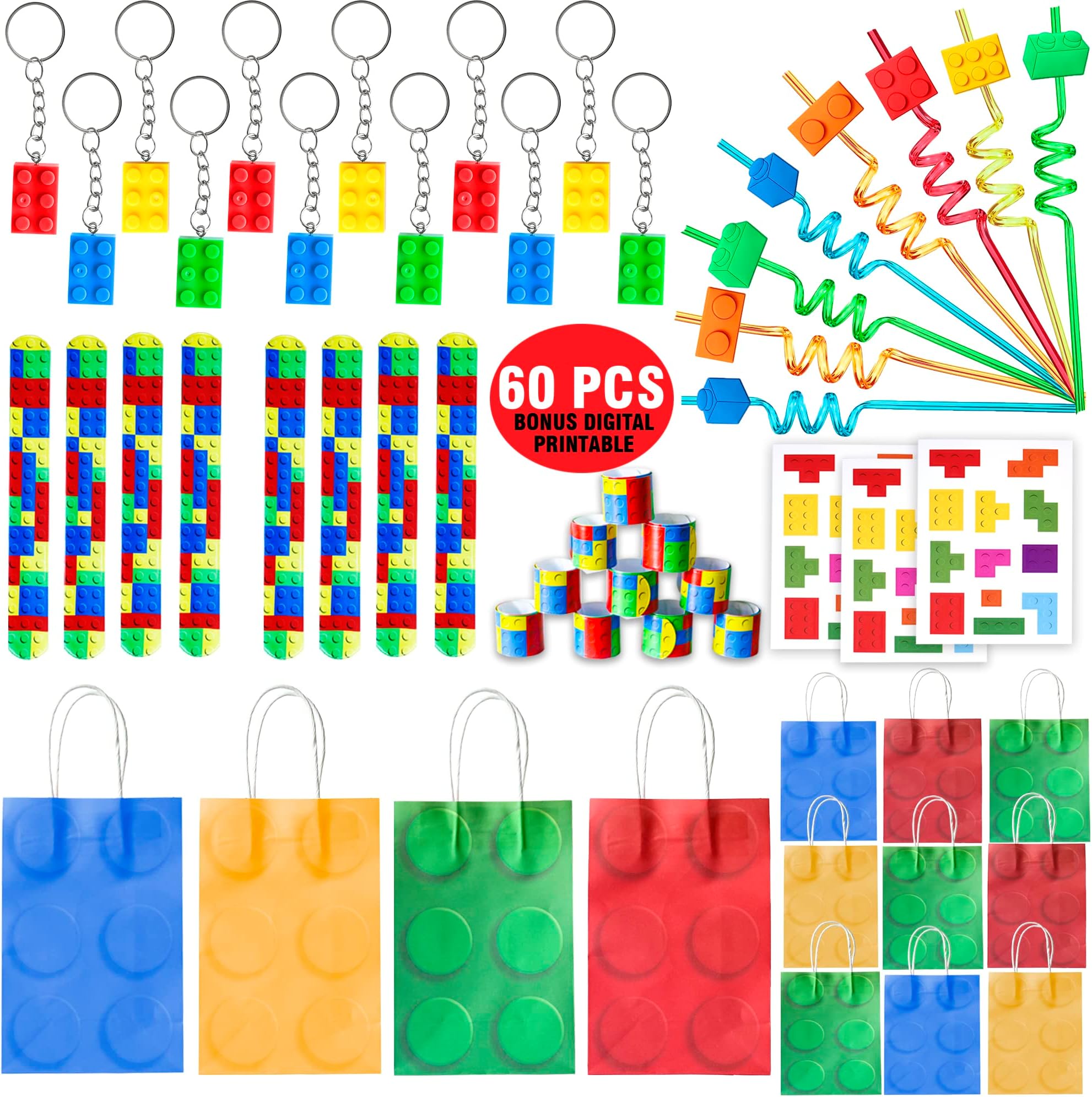 60 Pcs Building Blocks Party Favors For Kids, Set Of 12 Brick Style Keychain Wristband Treat Bag Straws Stickers for Building Blocks Birthday Party Supplies