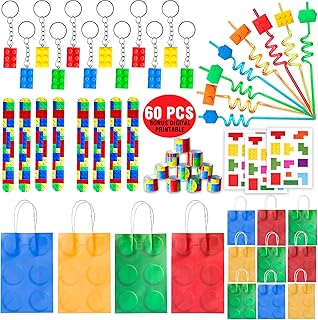 Empire Party Supply 60 Pcs Building Blocks Party Favors For Kids, Set Of 12 Brick Style Keychain Wristband Treat Bag Straws Stickers for Building Blocks Birthday Party Supplies