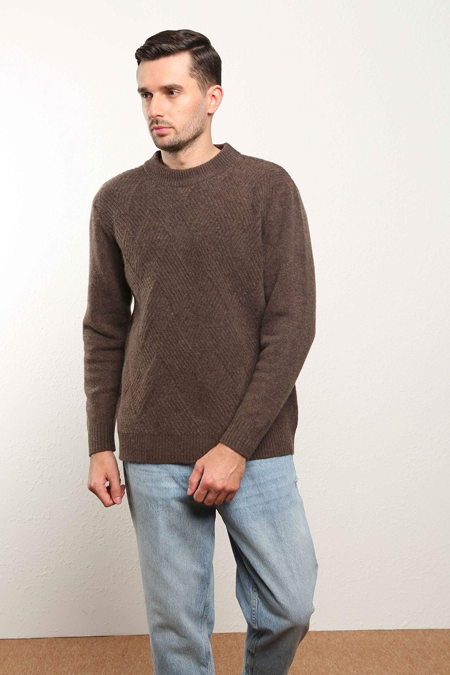 Jersey 100% Merino para Hombre Suéter de Punto Trenzado con Cuello Redondo y Manga Larga Casual Lana de Invierno