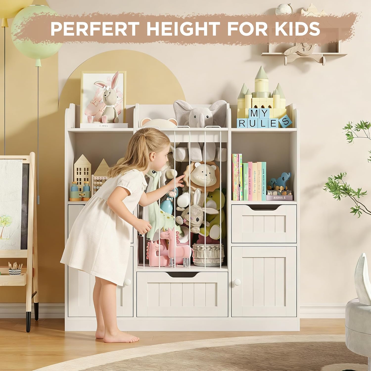 Vabches Kids Toy Storage Organizer with Stuffed Animal Storage, Kids Bookshelf with 3 Drawers and 2 Cabinets for Kids Room,Playroom,Nursery (White)