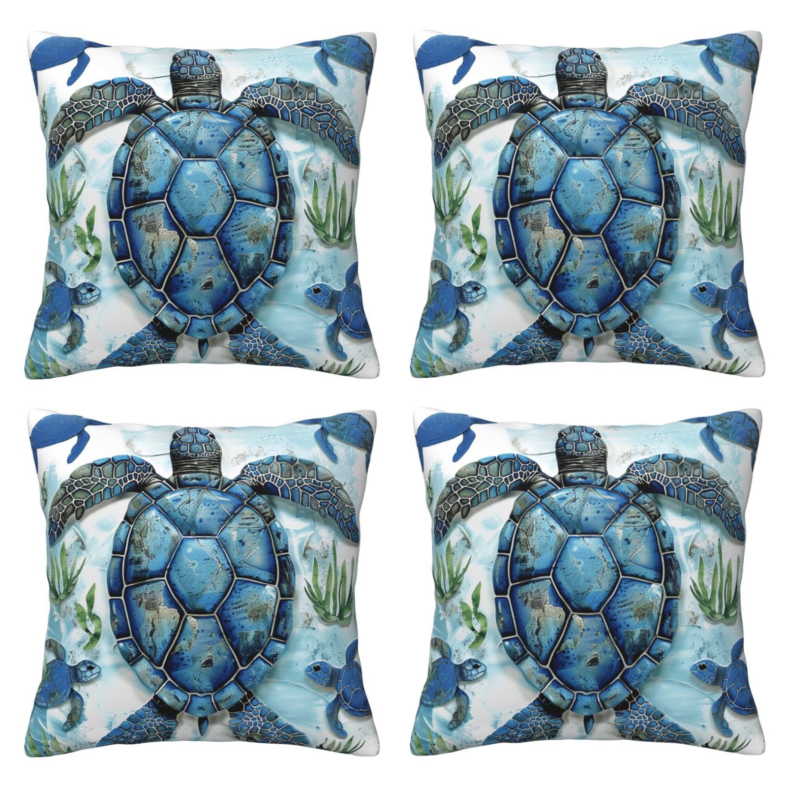 Sea Turtle-Blue Throw Pillow Cases 4 Pack Square Pillowcases Super Soft Pillow Protectors With Zipper for Couch Livingroom Sofa Bed Office Car,50x50 CM