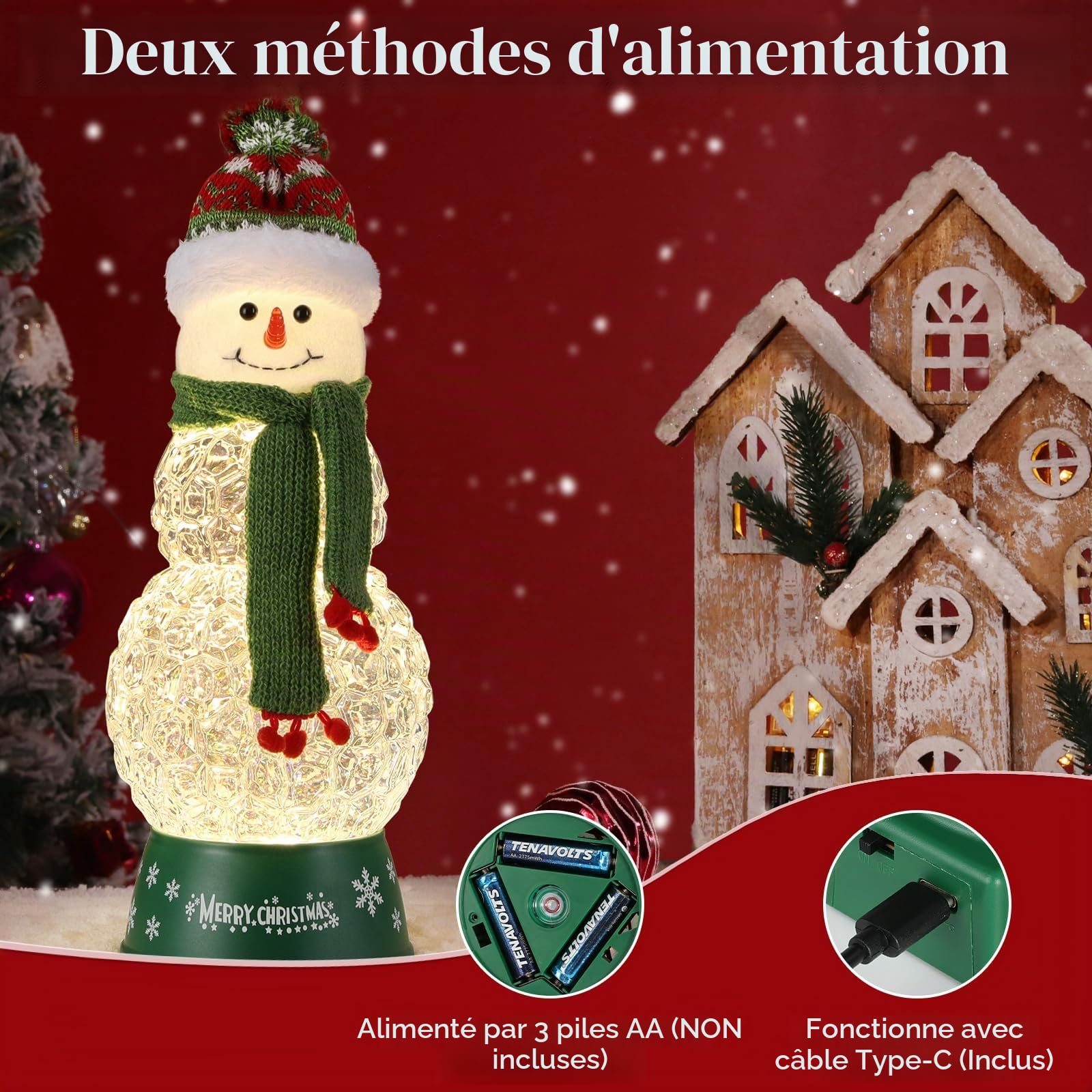 Lewondr Boule à Neige de Noël Bonhomme de Neige avec Écharpe Vert, Paillettes Tourbillonnantes et 8 Chansons - Écharpe Rayée, Lanterne, Décoration pour Les Fêtes de Fin d'Année
