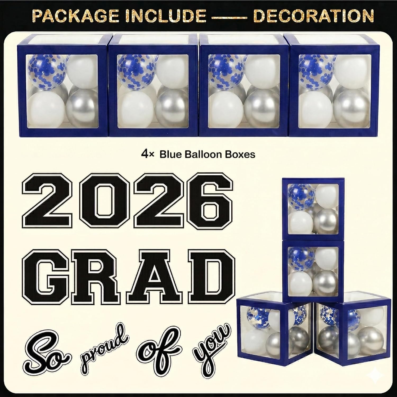 Blue and Silver Graduation Decorations Class of 2026 - Graduation Balloon Boxes, Balloon Arch Garland Kit, Fringe Curtains, Party Decorations 2026 for Any Grades