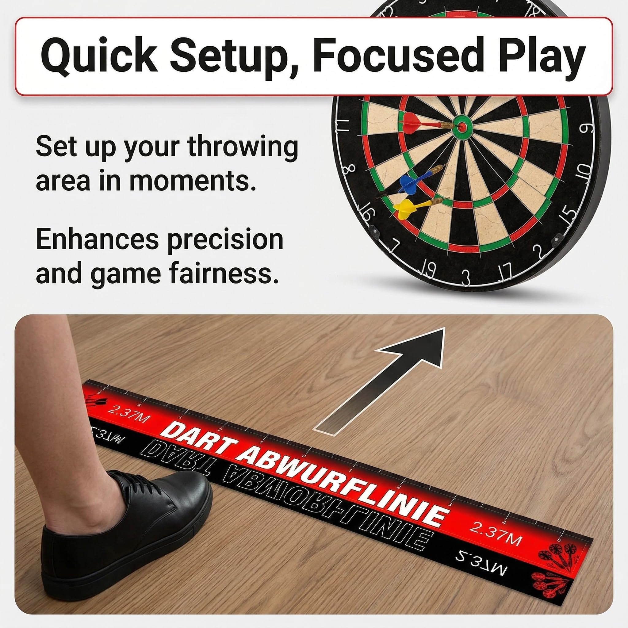 Tapis Fléchette Sol avec Ligne de Lancer 56 x 5 cm, Autocollant Oche Dart Antidérapant, Marquage Précision Distance, Accessoire Fléchettes pour Entraînement, Maison et Professionnel