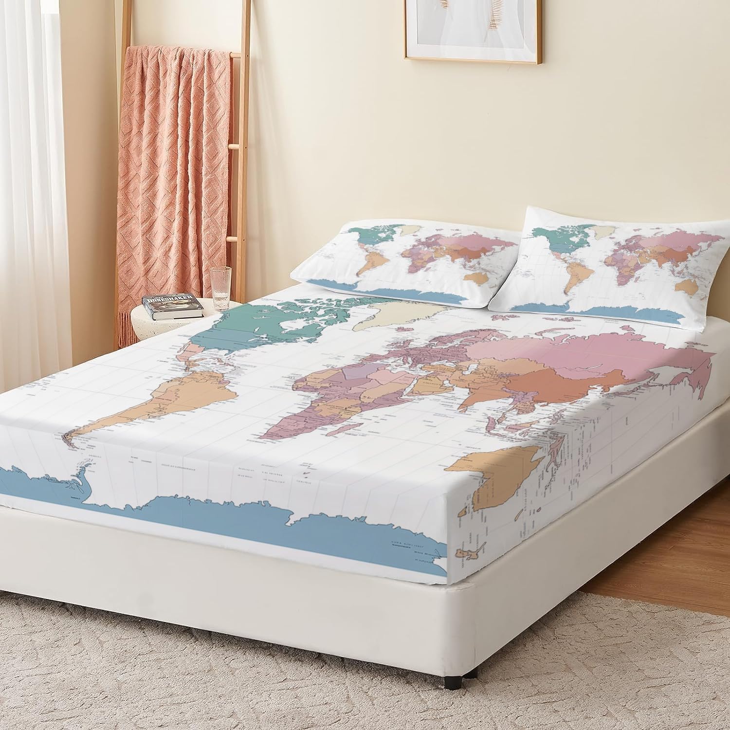 Drap Housse 180 x 240 cm Antidérapants Imprimé Draps Housse Carte du Monde Simple Microfibre brossée Doux Housse Matelas 30 cm Profond, Linge de lit Enfant Adulte Bleu Clair