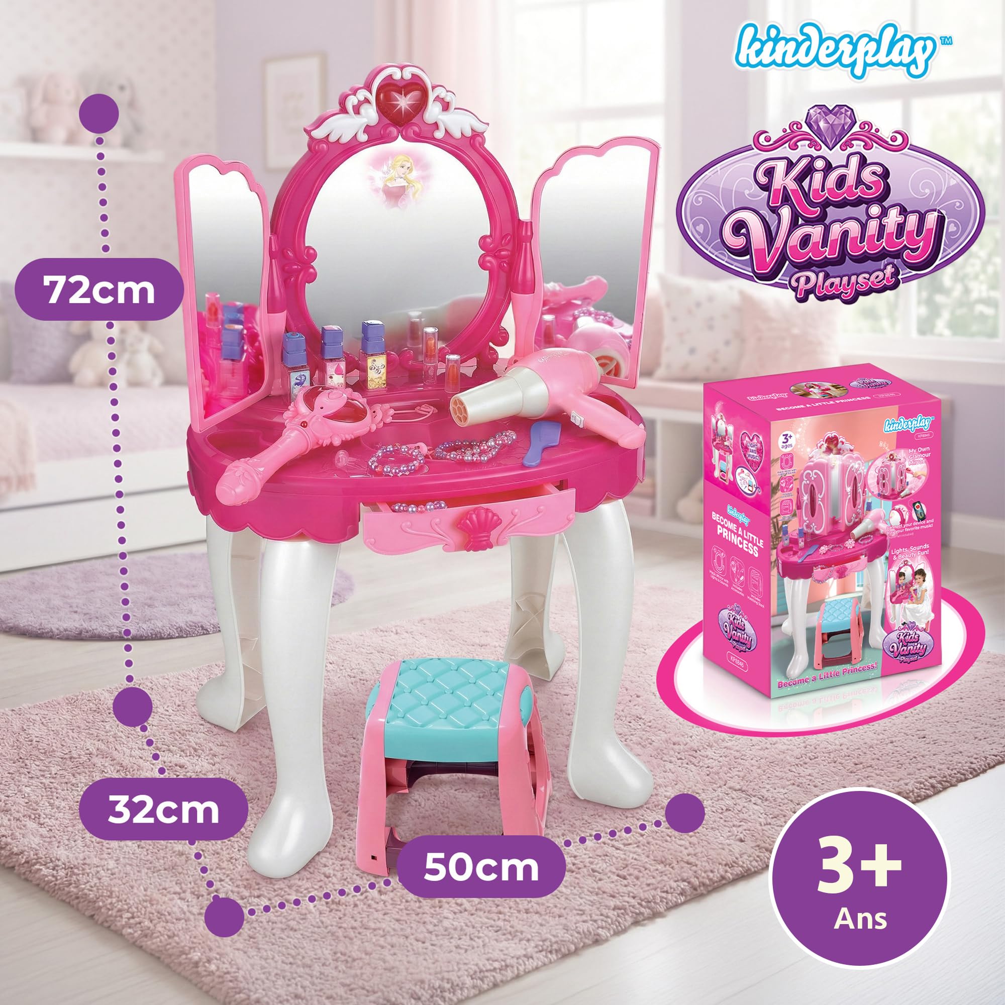 Kinderplay Coiffeuse Enfant, Table de Maquillage - Fonction de Lumièreavec Tabouret, lumière et Son, Dimensions Coiffeuse Enfant Fille 50 x 32 x 72 cm, KP8846