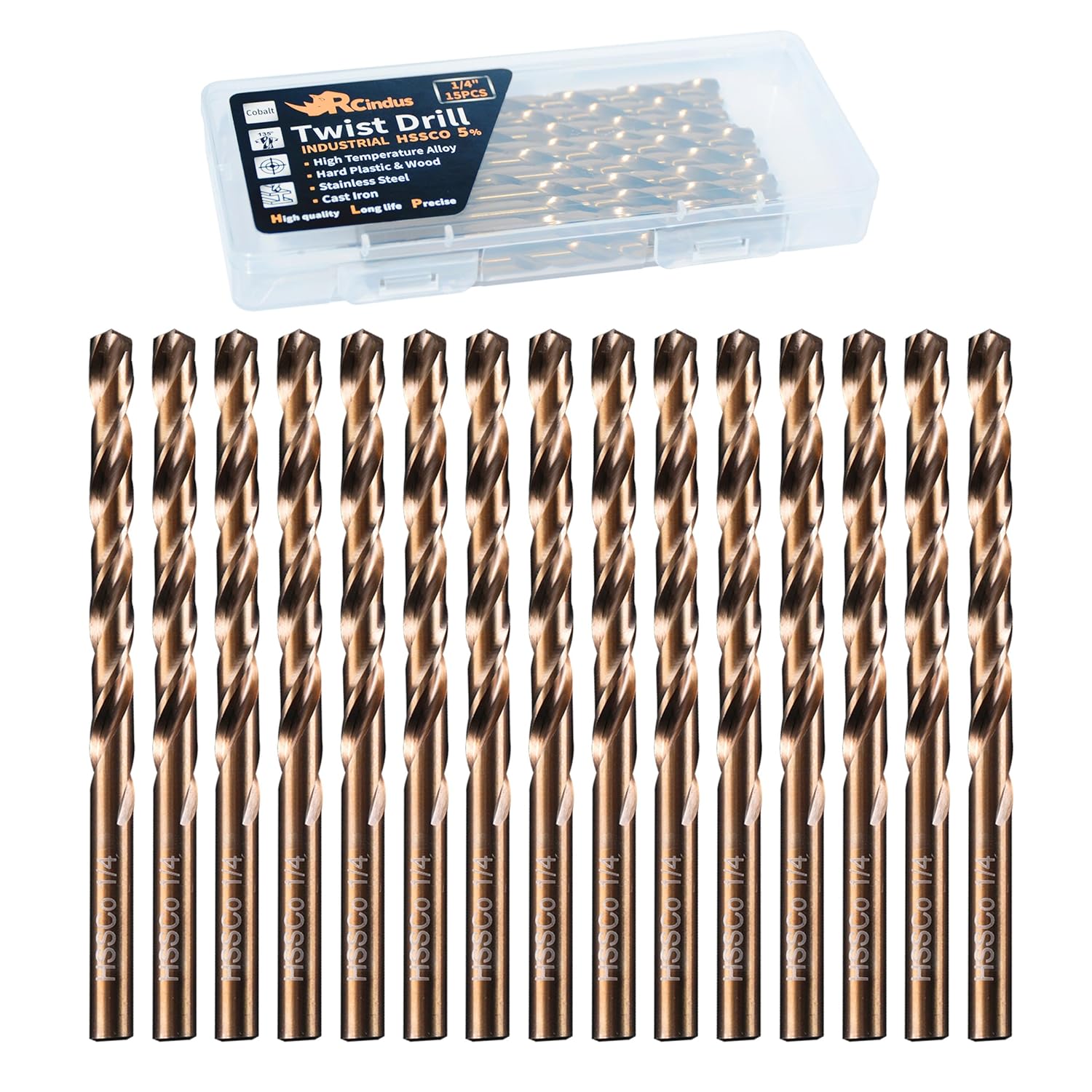 RCINDUS (15PCS) 1/4" Cobalt Drill Bit, HSS M35 Metal Drill Bits for