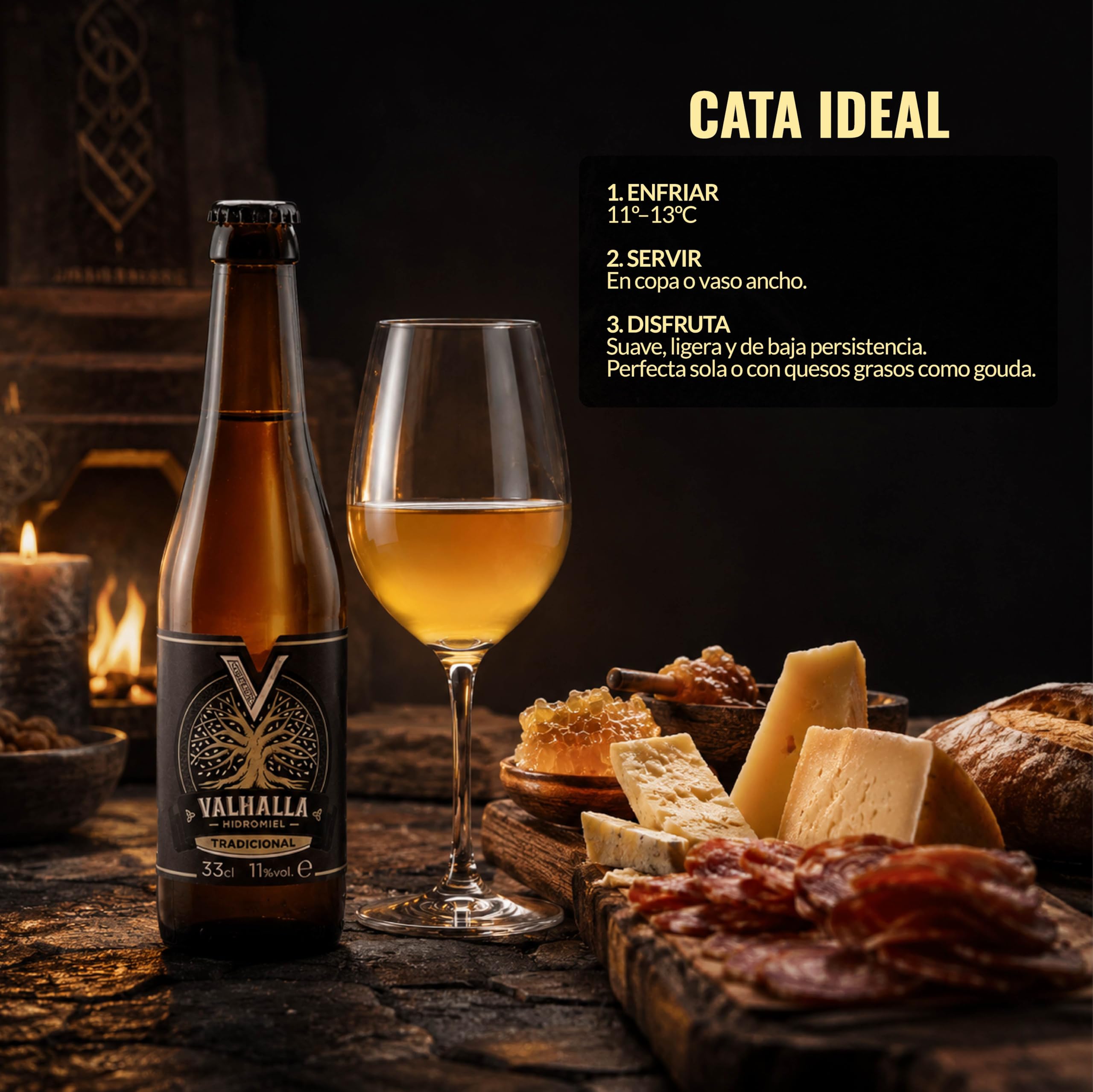 Valhalla Hidromiel Tradicional Cerveza Artesanal | Estilo Show Mead Semi Seco | Bebida Natural con Aroma de Frutas Blancas y Miel | Caja 12 Botellines 33cl | Sin Gluten | 11% Grados Alcohol