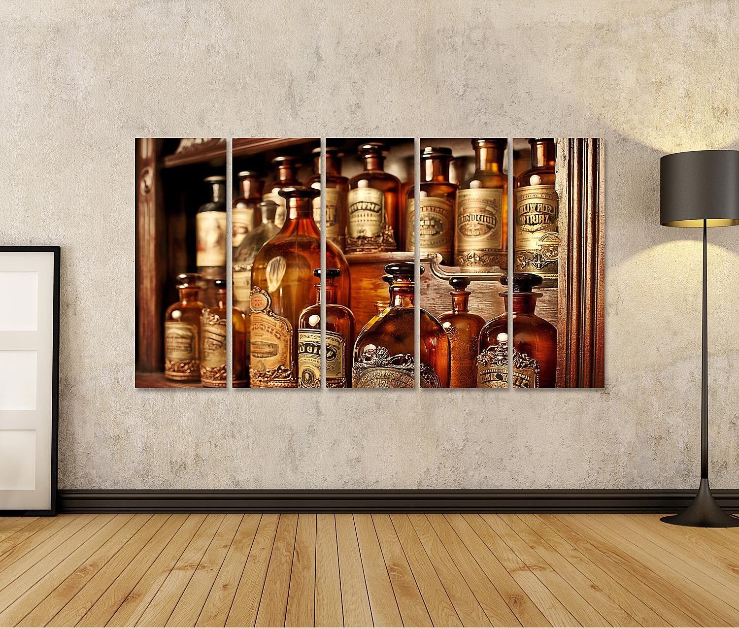 islandburner Bild auf Leinwand Nostalgische Flaschenpracht Wandbild Wohnzimmer Für Sammler und Vintage-Liebhaber - 5-teilig XXL