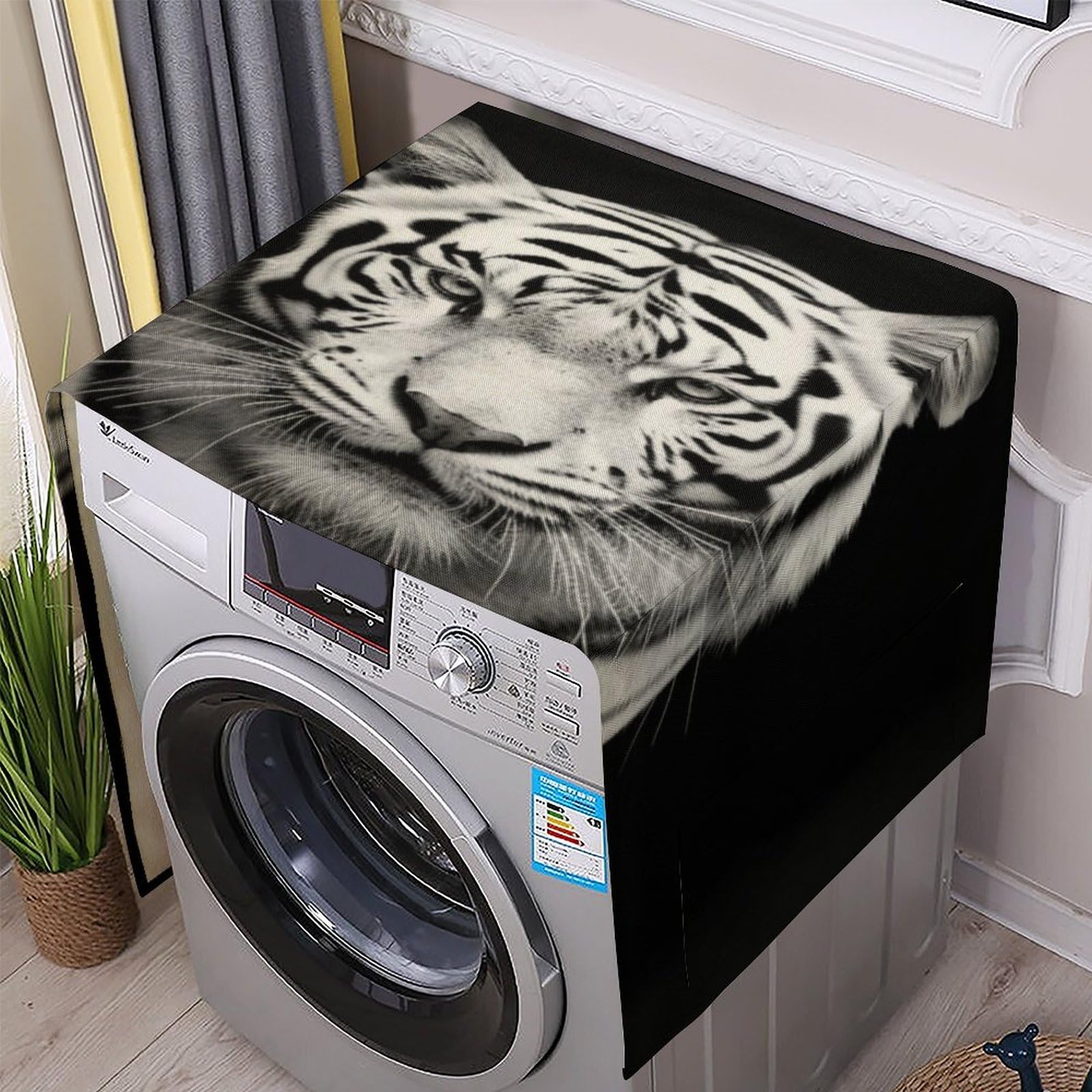 Fodpand White Washing Machine Cover For Top Load Dustproof Tiger Washer And Dryer Cover With Storage Pockets Household Appliance Covers Washable Top Protector Mat Pad For Laundry & Kitchen