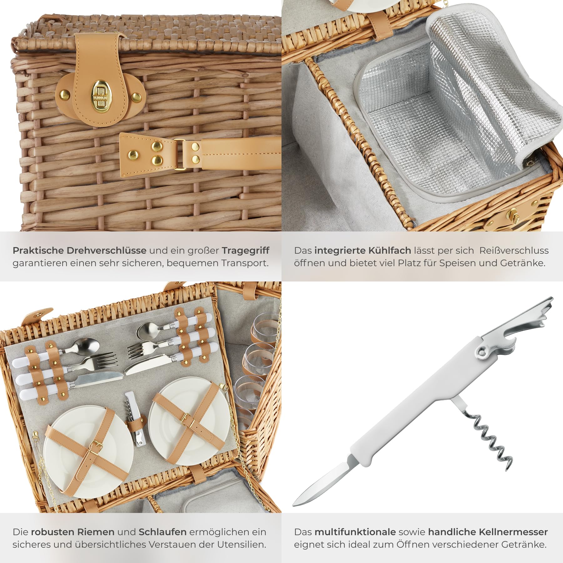 tectake® Picknickkorb 4 Personen, inkl. Kühlfach, befüllter Picnic Basket Weidenkorb für Ausflug, Camping, Dinner Date, Picknickkorb mit Deckel, als Geschenkkorb, Rotkäppchen Korb - Föhr
