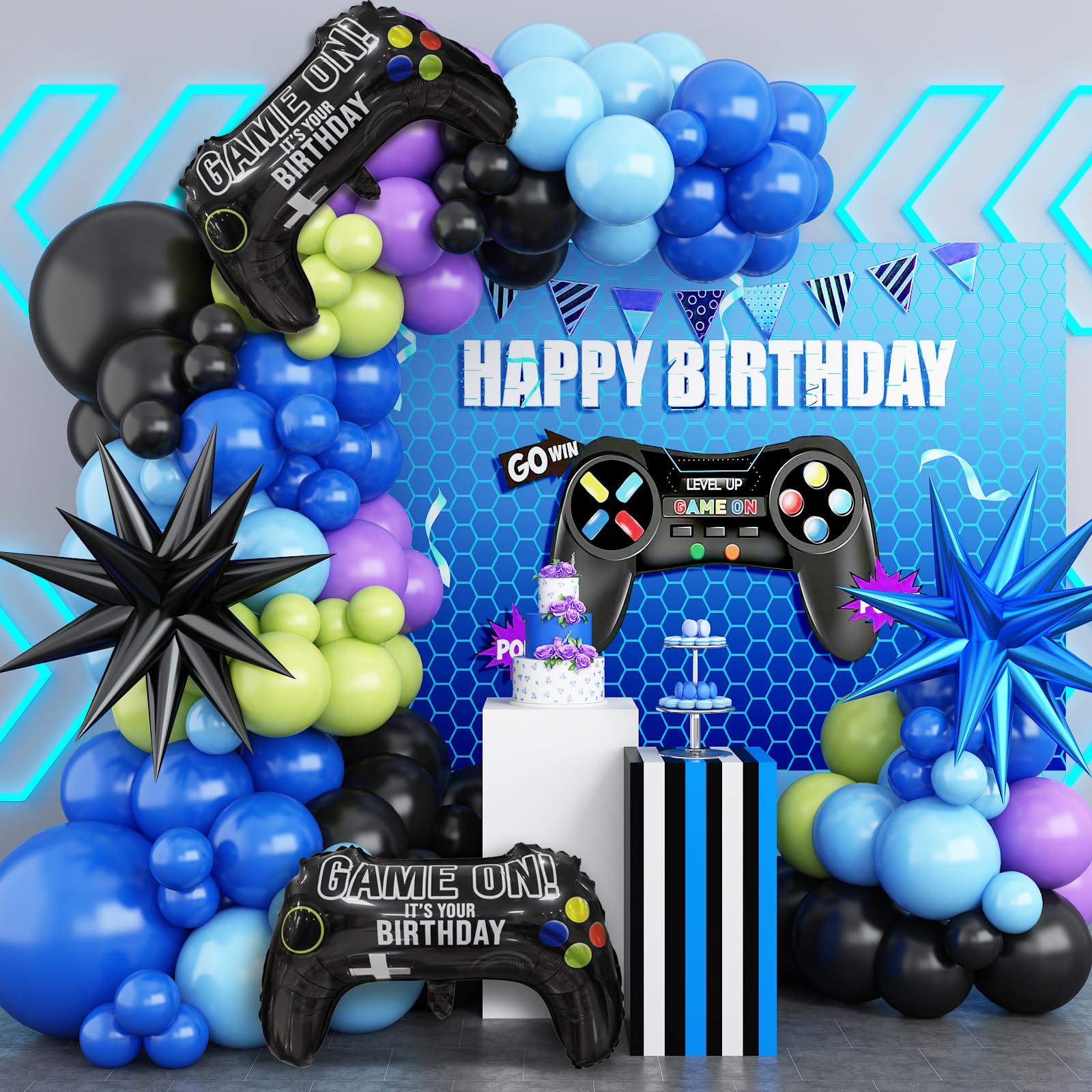 Video Game Balloon Arch Garland Kit, Blue Purple Green Black Party Balloons with 2Pcs Game Handle Foil Balloons for Game Night Theme Birthday Decor Boys Teen Men Party Supplies