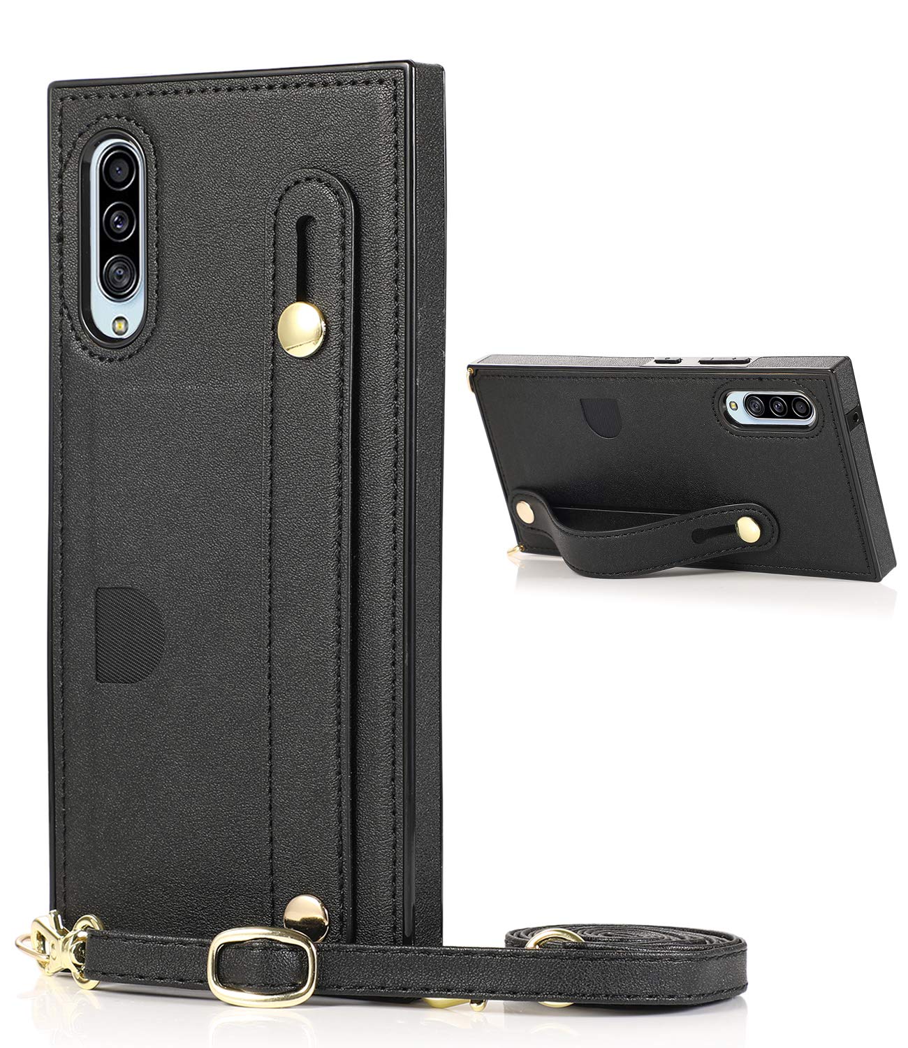 Diaxbest Galaxy A90 5G Case with Card Holder-[ Card Slot ] [ Kickstand ] Leather Wrist Strap Adjustable Crossbody Strap Handbag Purse Protective for Samsung Galaxy A90 5G 6.7" (Black)