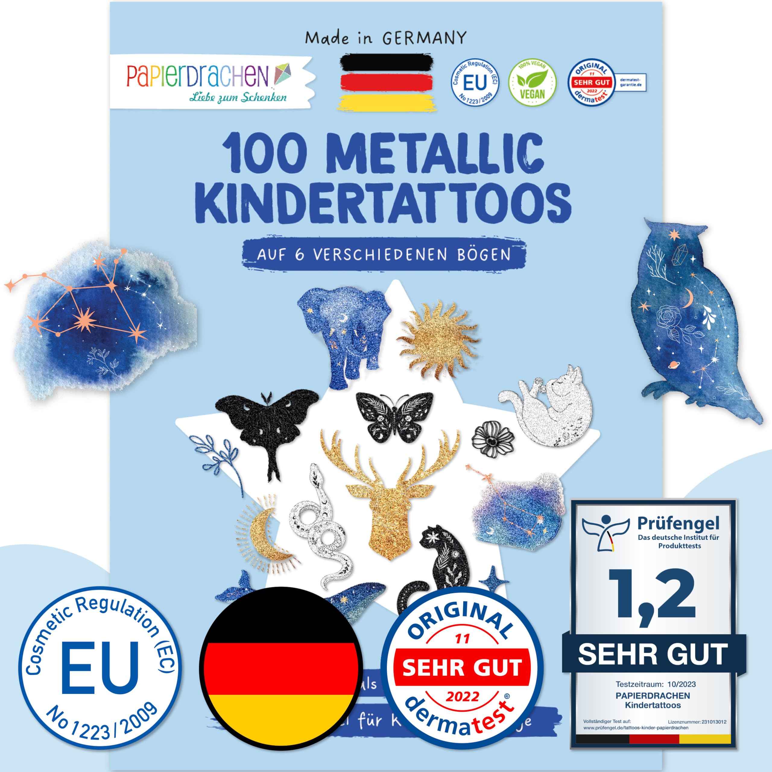 Papierdrachen Metallic Kindertattoos zum Aufkleben - Mitgebsel Glitzer