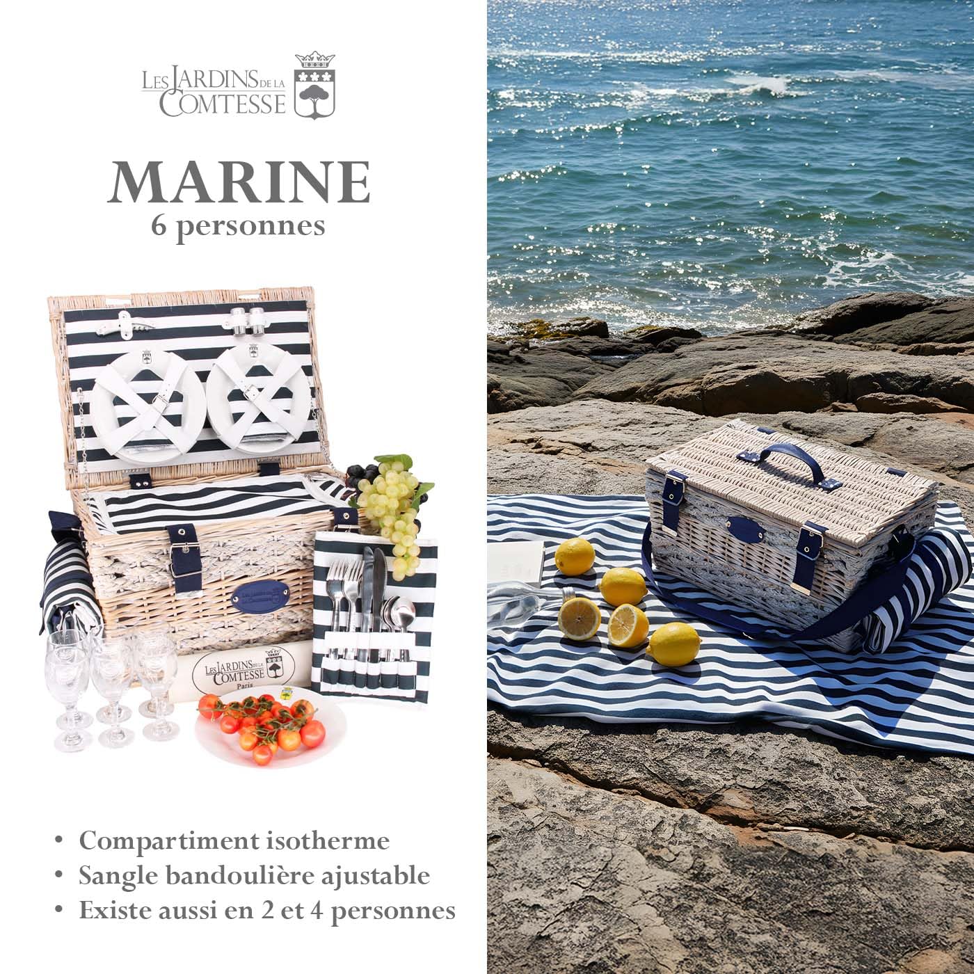 Les Jardins de la Comtesse - Panier Pique-Nique Marine - Complet pour 6 Personnes - Compartiment Glacière Isotherme/Nappe Imperméable - Assiettes en Céramique/Verres à Vin en Verre - 50 x 35 x 26 cm
