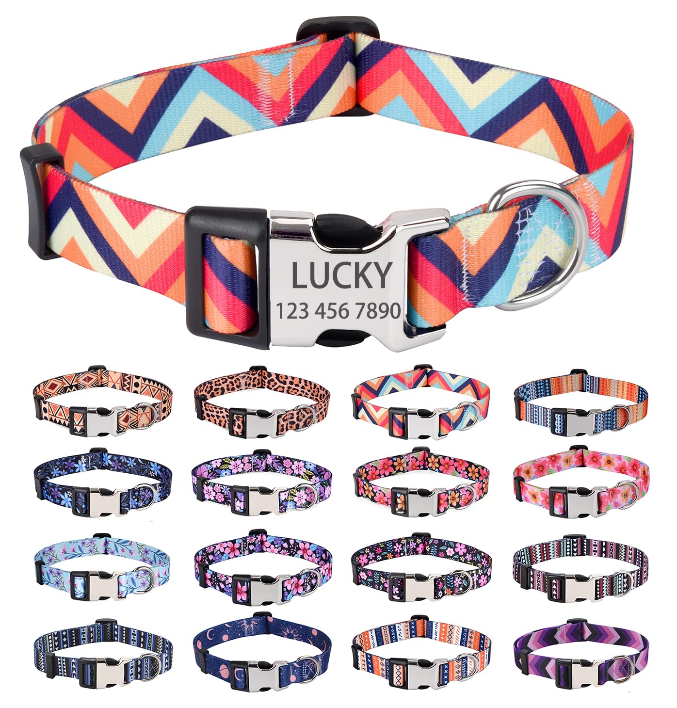 HQYDDMI Personalized Dog Collars - Customized Floral Geometry Dog Collar with Name and Phone Number - Adjustable for Small Medium Large Male Female Boy Girl Puppy Dogs(Colorful Waves,XS)