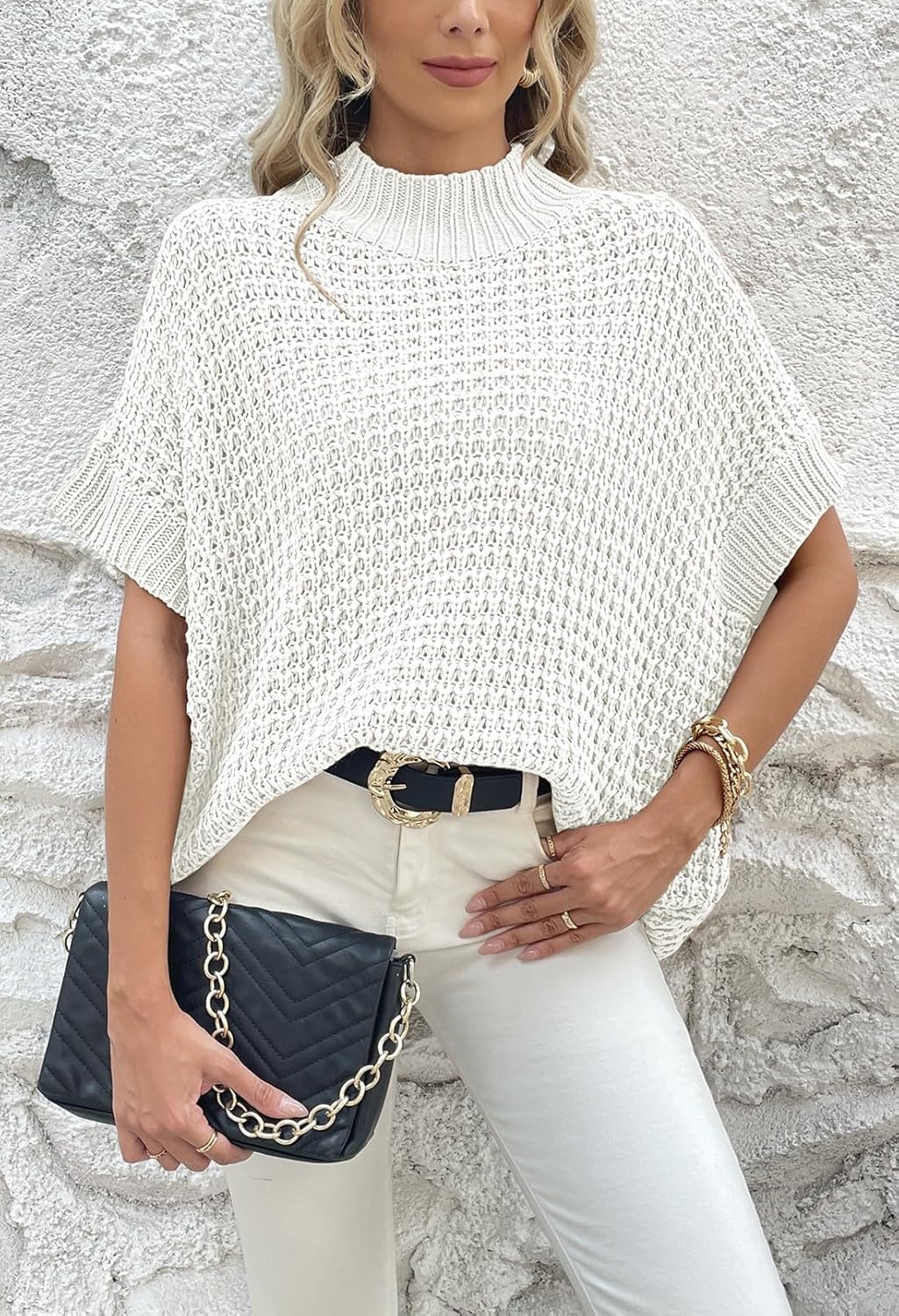 Pink Queen Women's Mock Neck Batwing Short Sleeve Loose Oversized Knit Pullover Sweater Vest Jumper Tops - Image 2