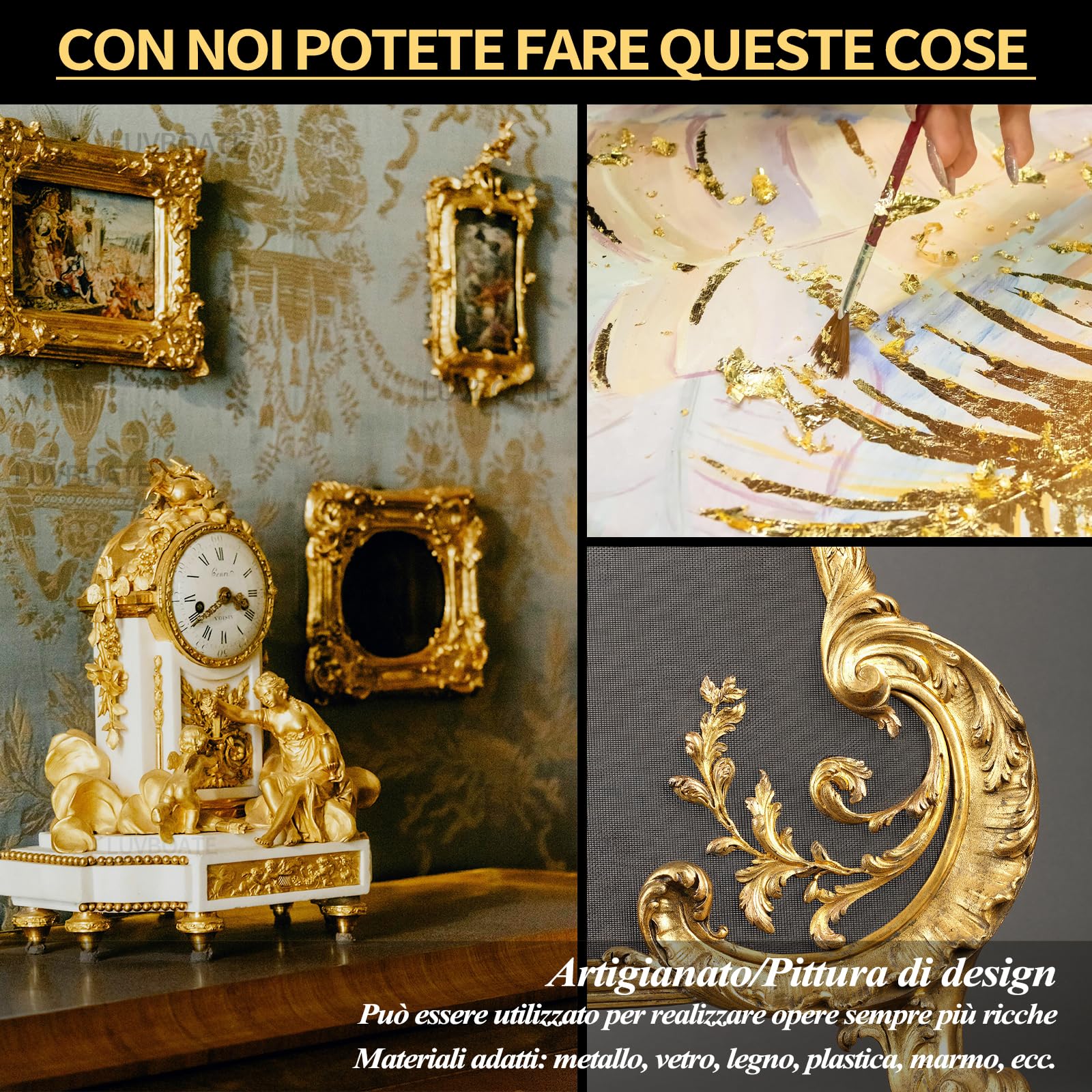 Set di fogli d'oro adesivi, LUVBOATE Set di fogli d'oro, 100ml di adesivo per doratura a base acquosa e 100ml di vernice protettiva, 100 fogli d'oro per arte, pittura, arredamento e decorazione