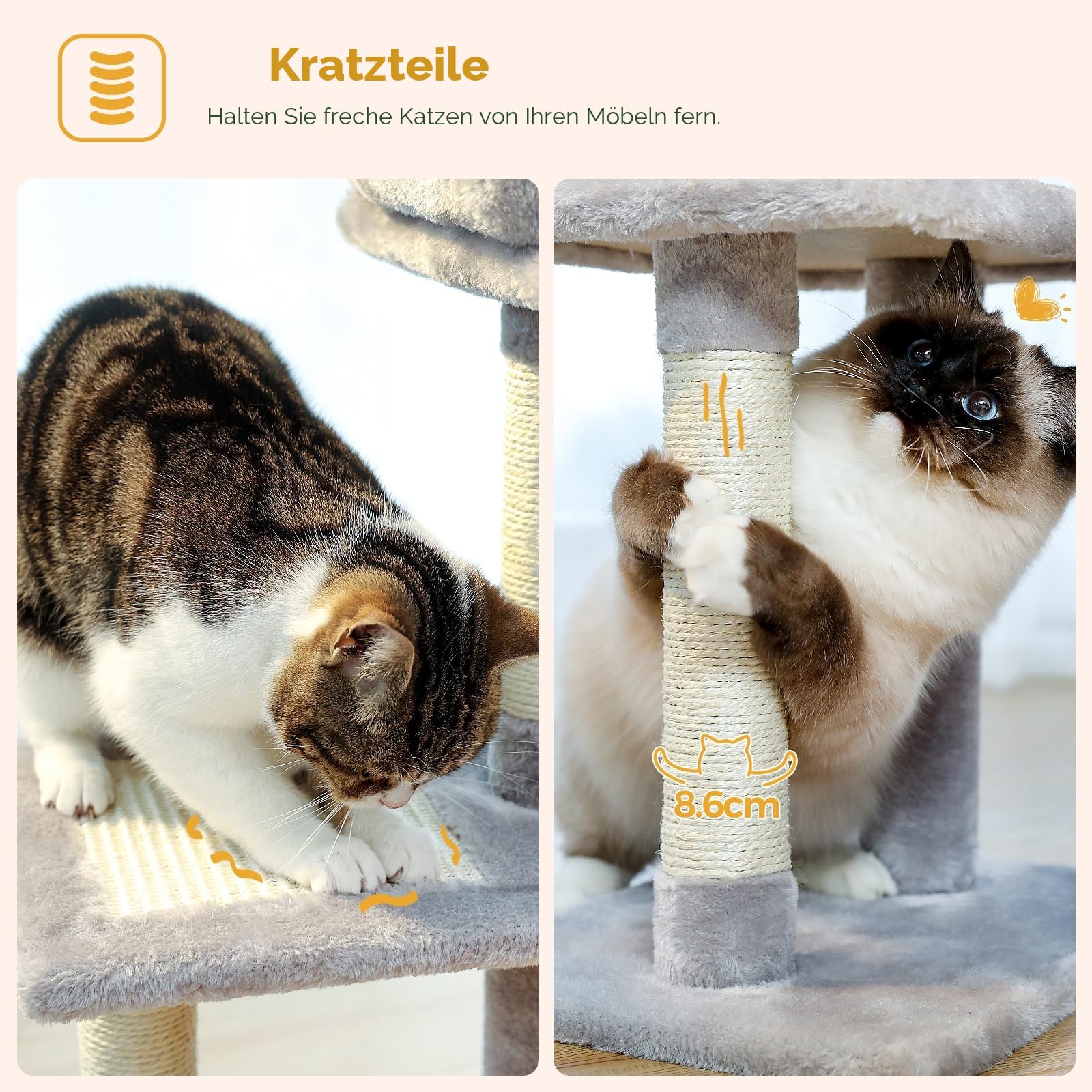PAWZ Road Kratzbaum, Kleiner Katzenturm [73cm] mit großer Hängematte, 2 Arten von Katzen Aktivität Baum mit Sisal Katze Kratzbaum, interaktive Danging Ball für Indoor-Katzen, Grau
