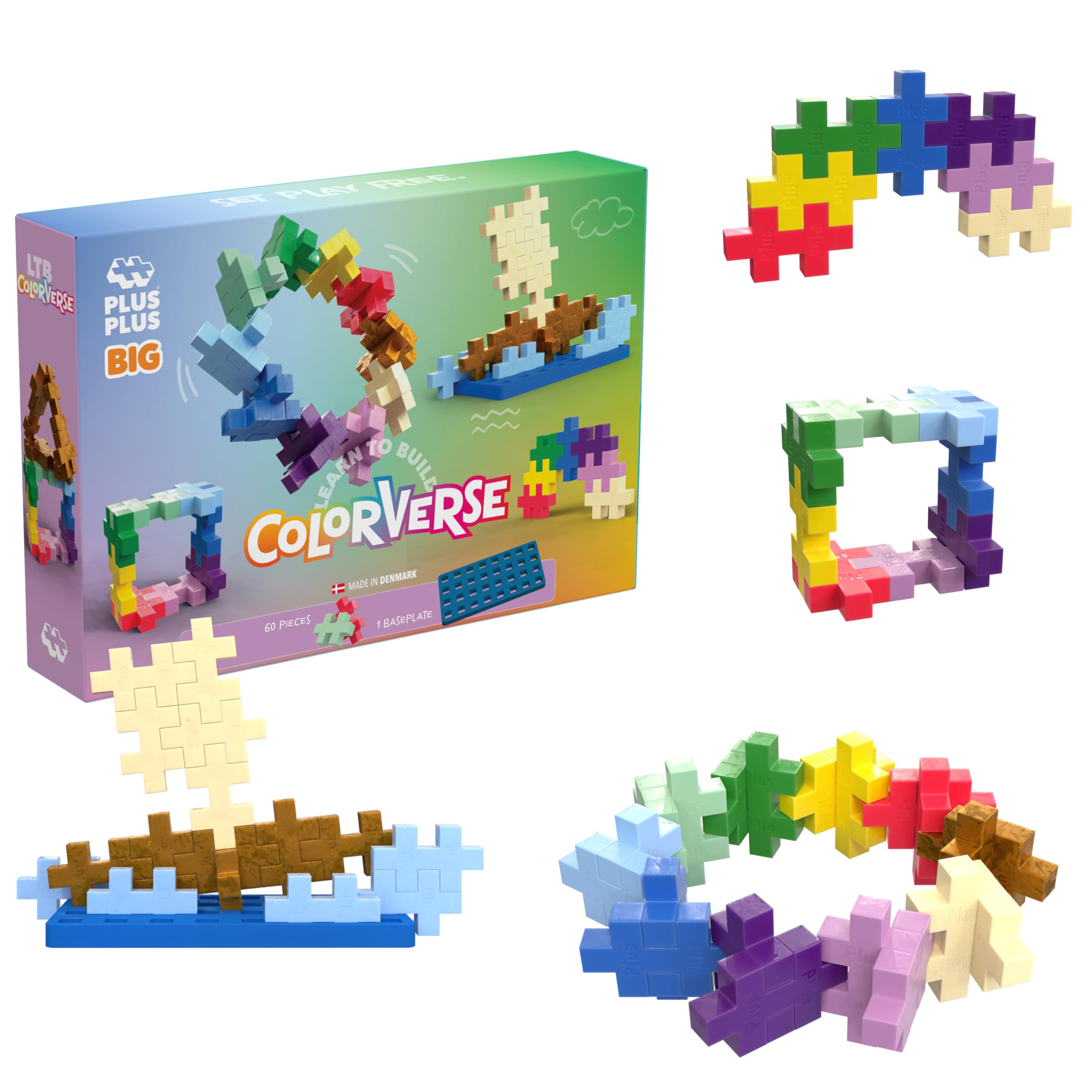 Plus Plus – Kit de Descubrimiento Colorverse Big 60 Piezas – Bloques de construcción Infantil a Partir de 1 año – 10 Colores Vivos – Placa Base y guía incluida – Juguete Educativo Creativo para niñas