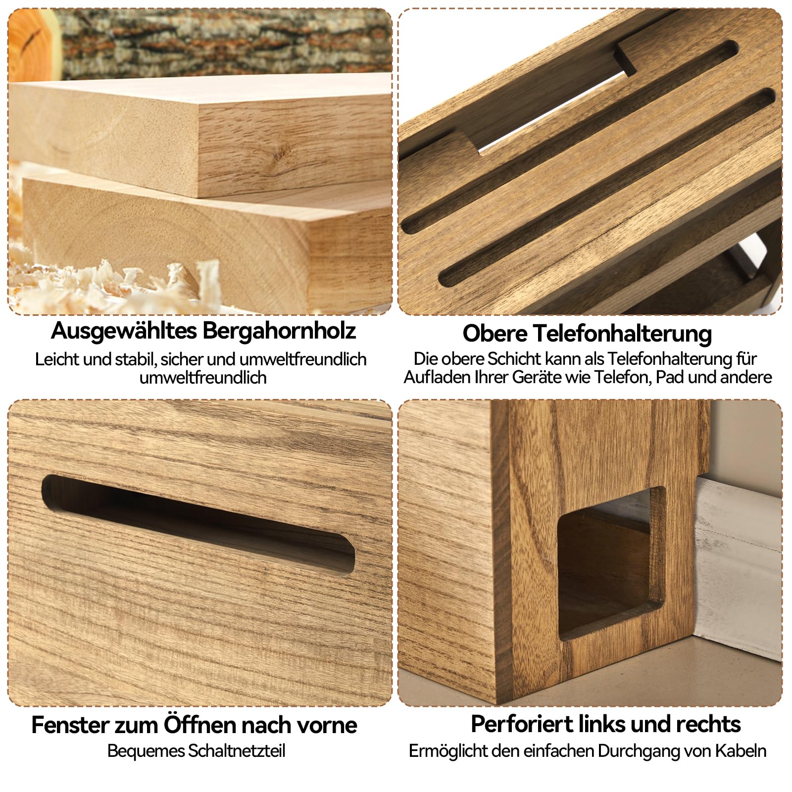 KIRIGEN Routerbox Holz, Kabelmanagement-Box, 3 Ebenen, Dunkelbraun | 41 x 14 x 40 cm, für WLAN-Router, Netzteil, Steckdosenleiste und Kabel, Paulownia-Massivholz, handgefertigt, fertig montiert