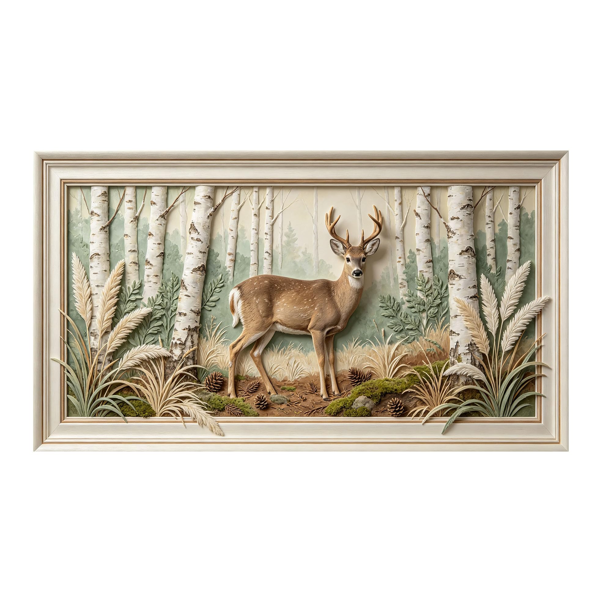 Yzpallescene 3D 3D Framed Wall Art 50cm×90cm Deer in Birch Forest Landscape Rustic Nature Scene Large Size SelfAdhesive Removable Wall Decor Prints Artwork for Living Room Bedroom Office