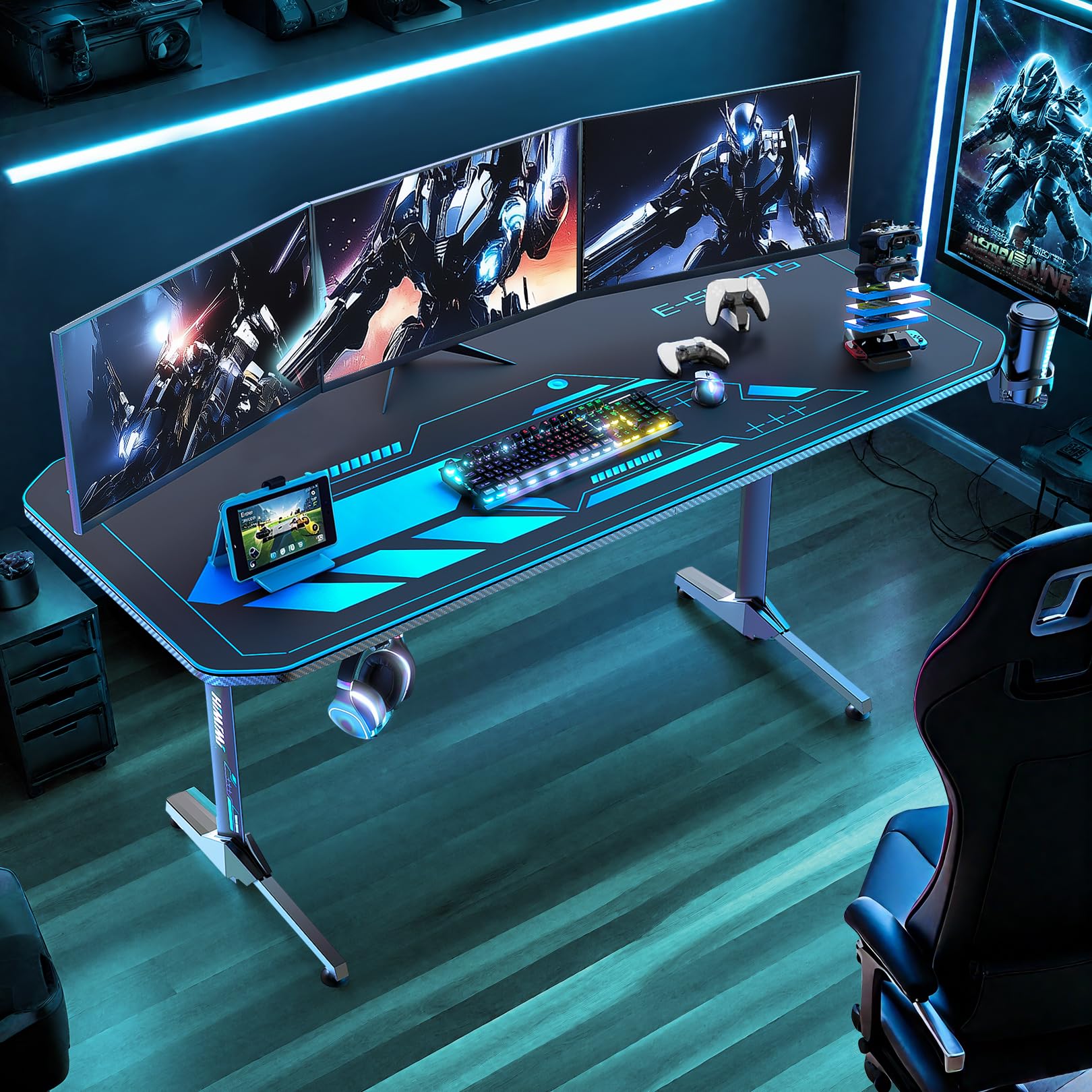 Himimi Scrivania Gaming 160x75 cm Scrivania Gamer Ergonomica con Tappetino per Mouse Integrato, Rivestimento in Fibra di Carbonio, Portabicchieri, Gancio per Cuffie, Telaio a T Robusto