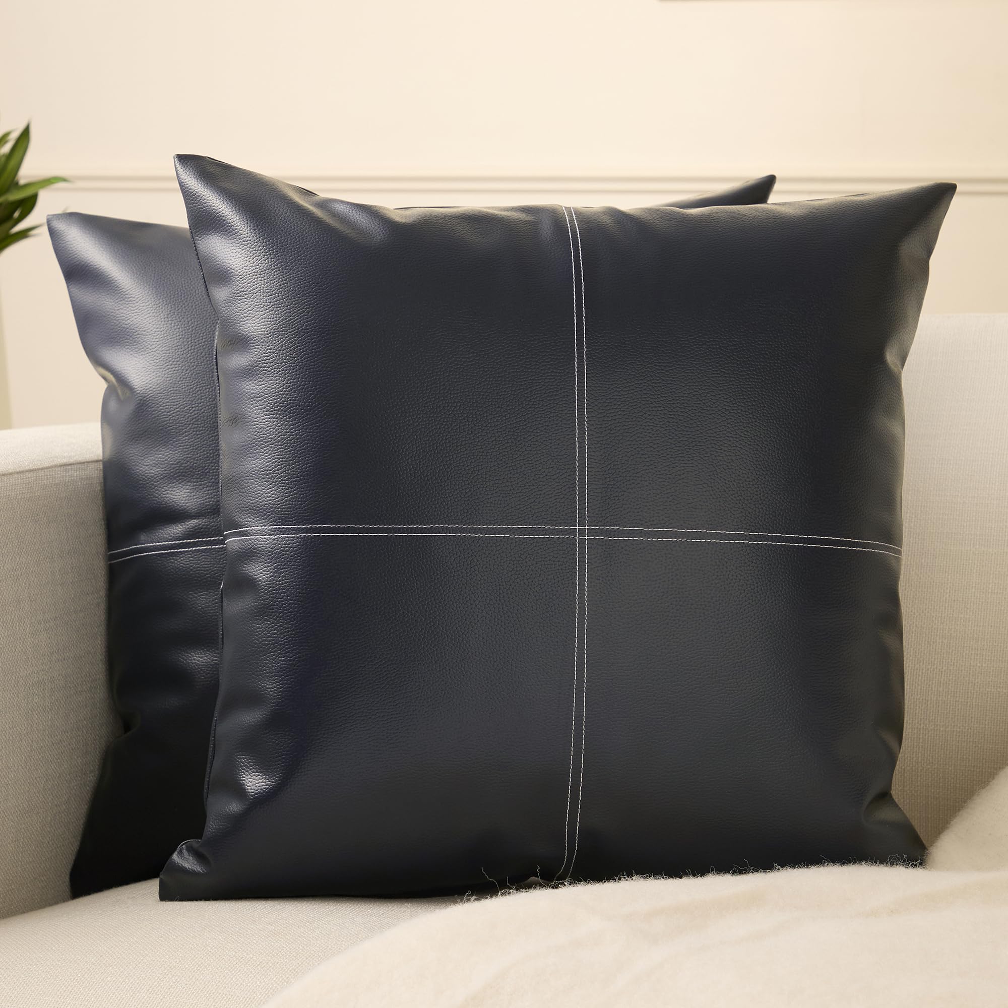 Encasa XO Faux Leather Cushion Covers, No Inserts 24"x24" Navy Blue Stitch โ image 1