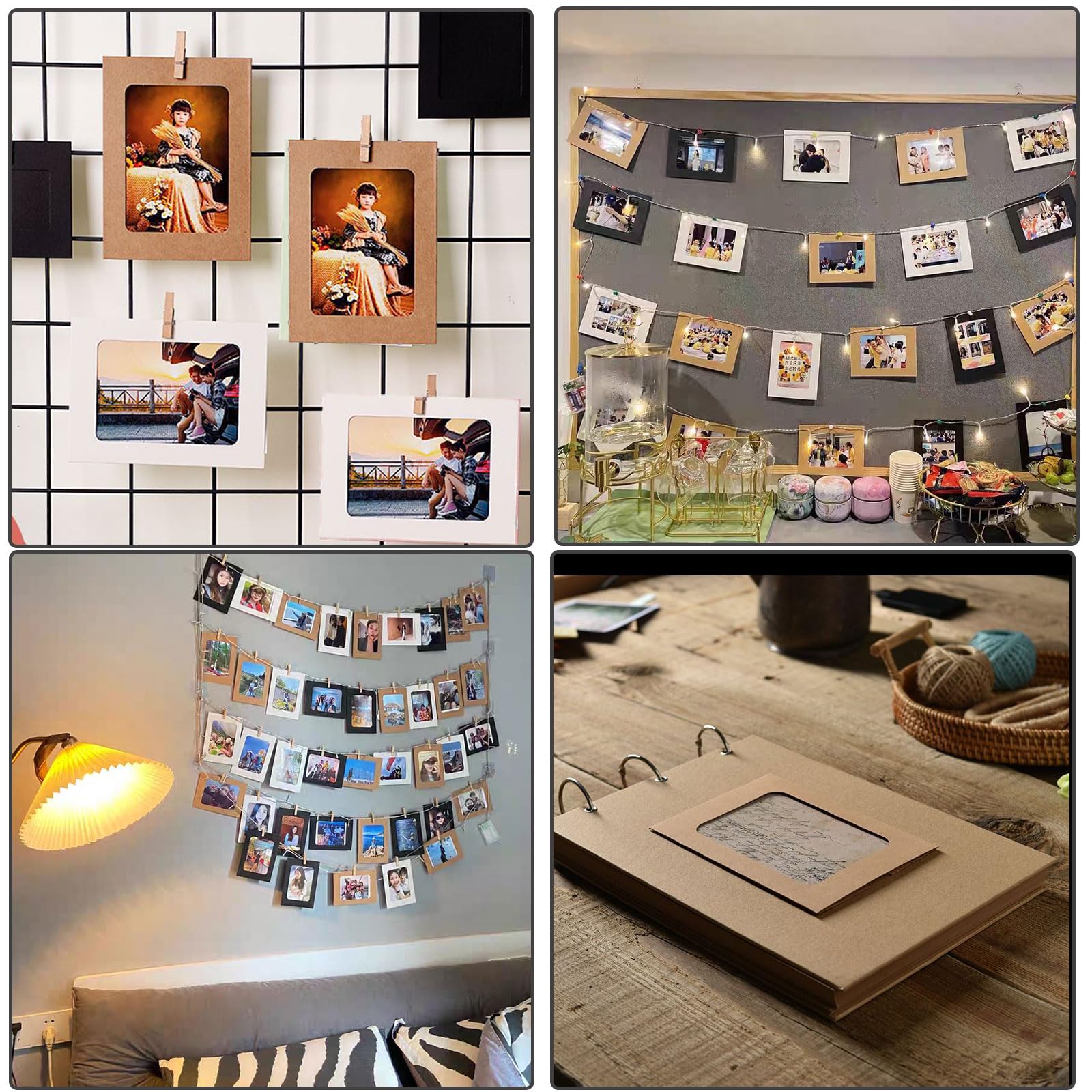 Cadres Photo en Papier Kraft 15,5 x 11,5 cm avec Pinces en Bois et Corde de Chanvre Décoration Murale