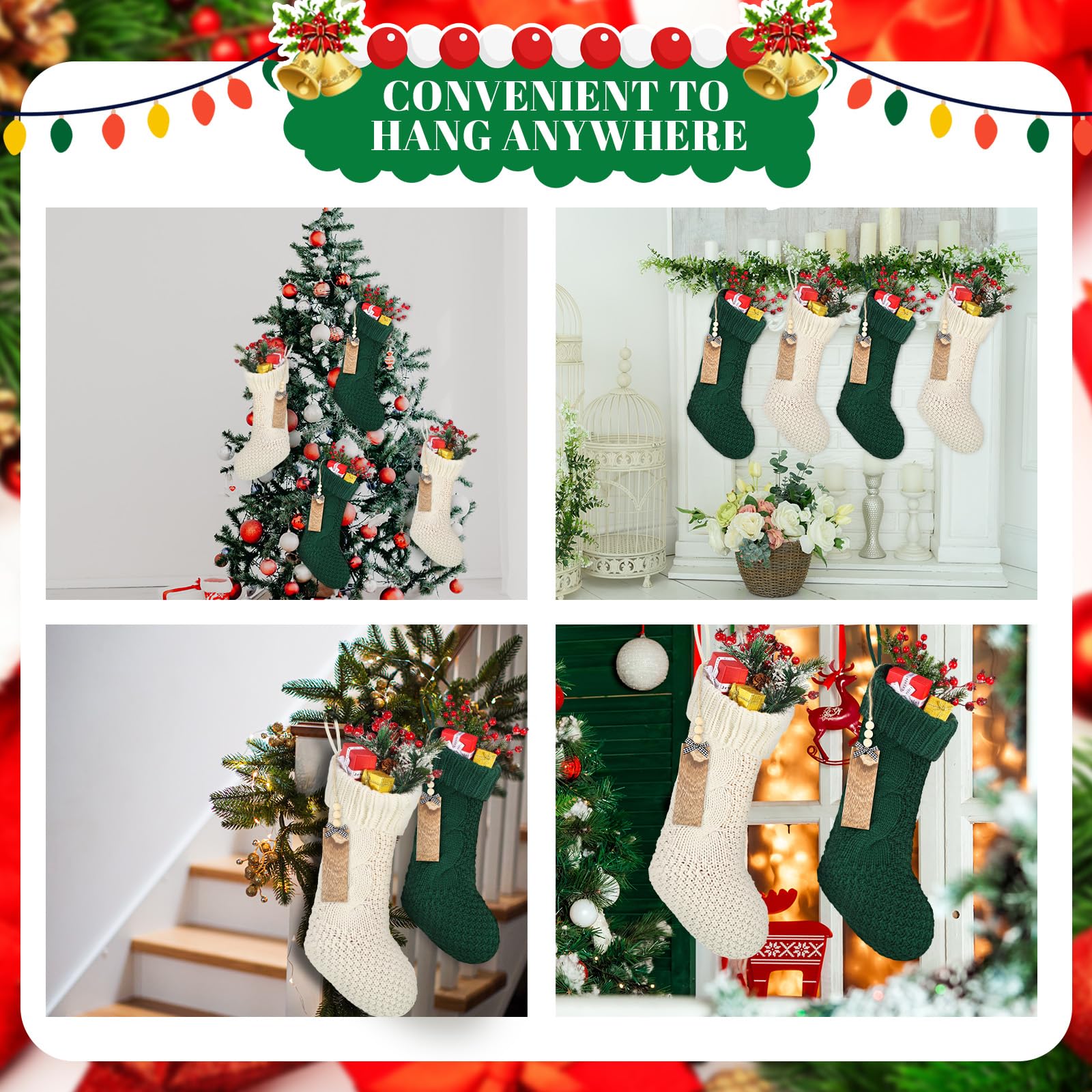 Cozypower Weihnachtsstrümpfe mit Namensschild, 45,7 cm, große Zopfstrickstrümpfe, Weihnachtsstrumpf, Kamin, hängende Strumpf, Geschenktüten für Kamin, Weihnachtsbaumschmuck (weiß, grün), 4 Stück