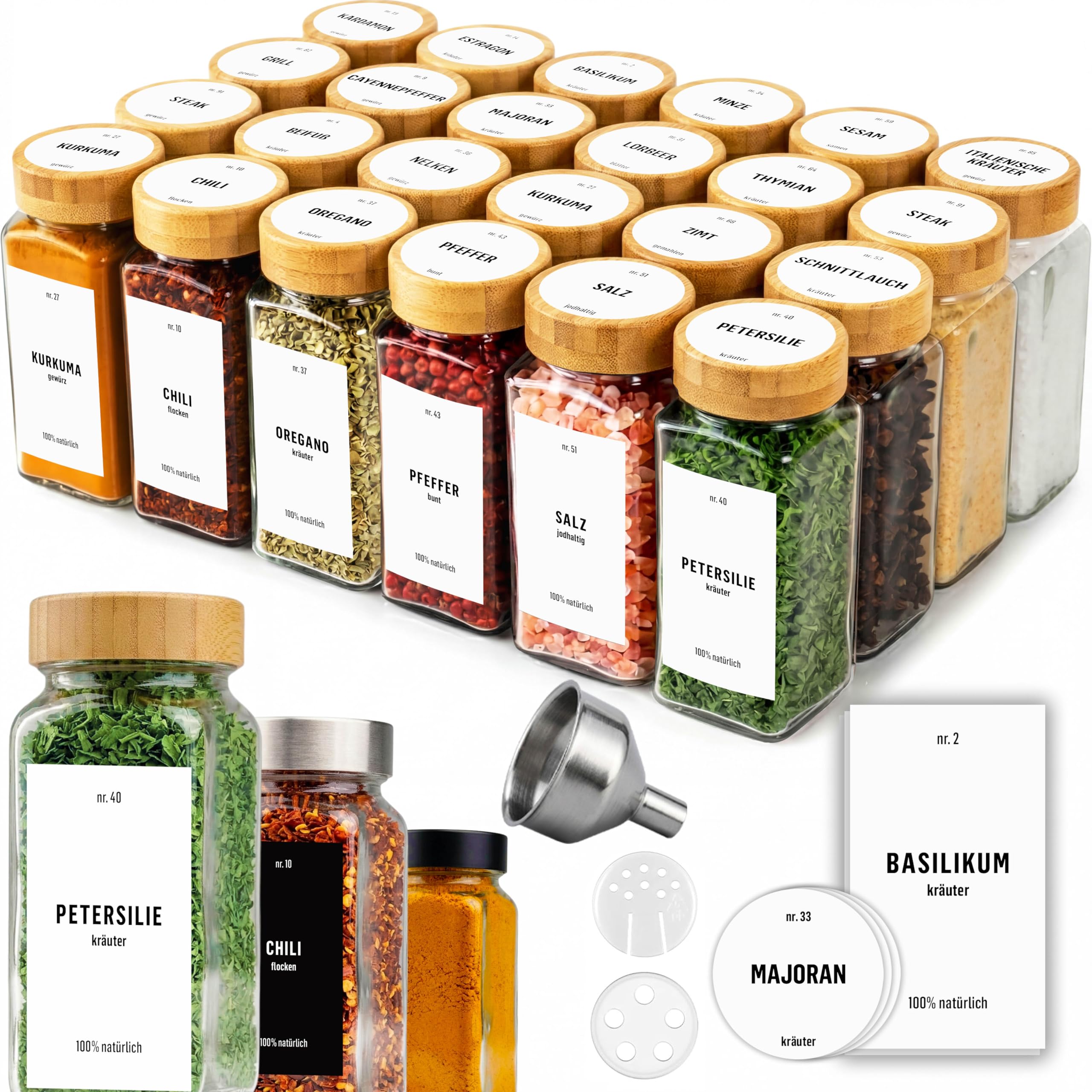 Deco Haus Juego 24 Tarros Especias con Tapa Rosca - Etiquetas, Embudo, Cepillo, Marcador - Va con Nuestros Estantes para Condimentos - Almacenamiento y Dispensador Vidrio Transparente 120ml 10.5x4.3cm