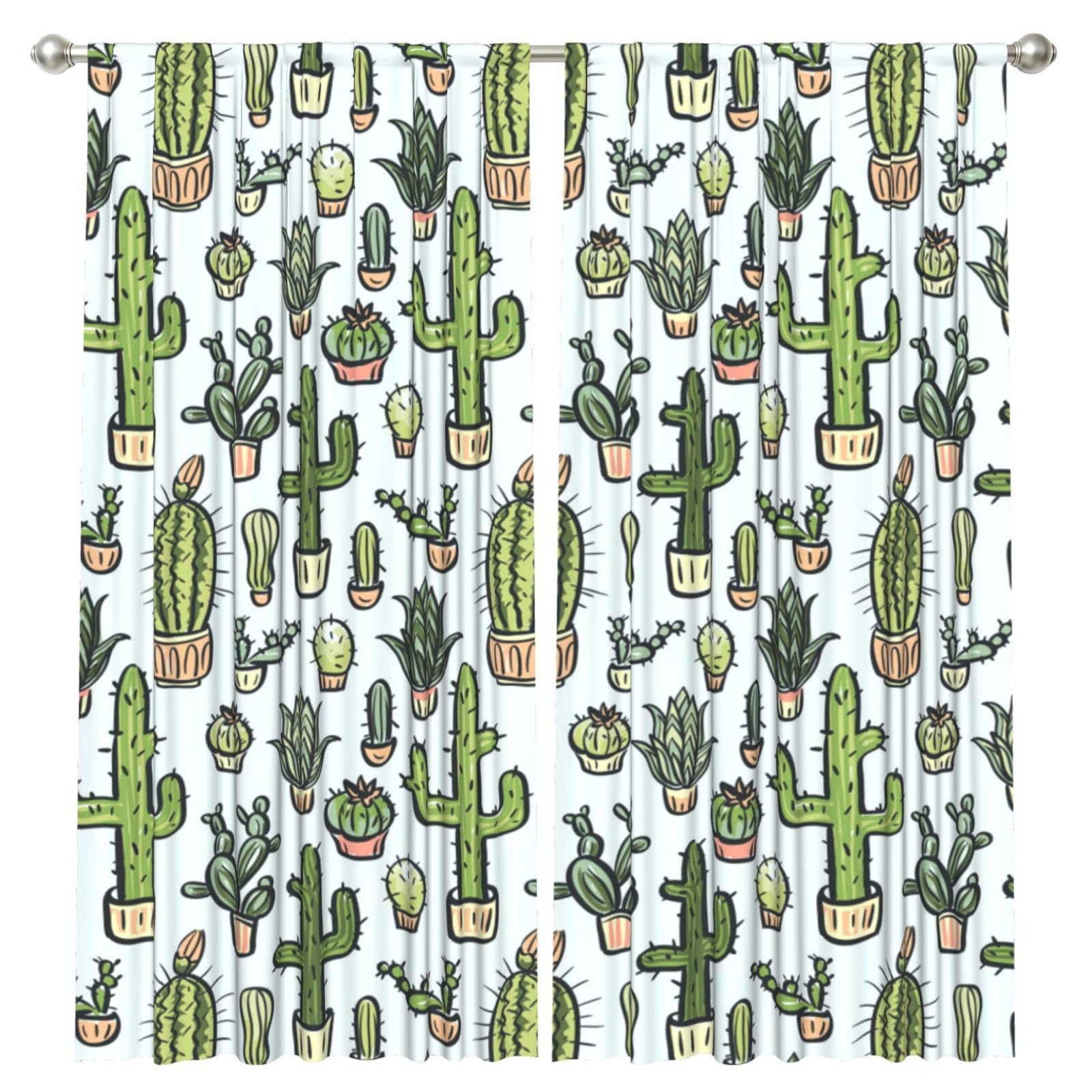 InOmak Cactus In White Background Pattern, 2 Panels Window Curtains 52 x 84 Inch Blackout Curtains for Living Room Bedroom