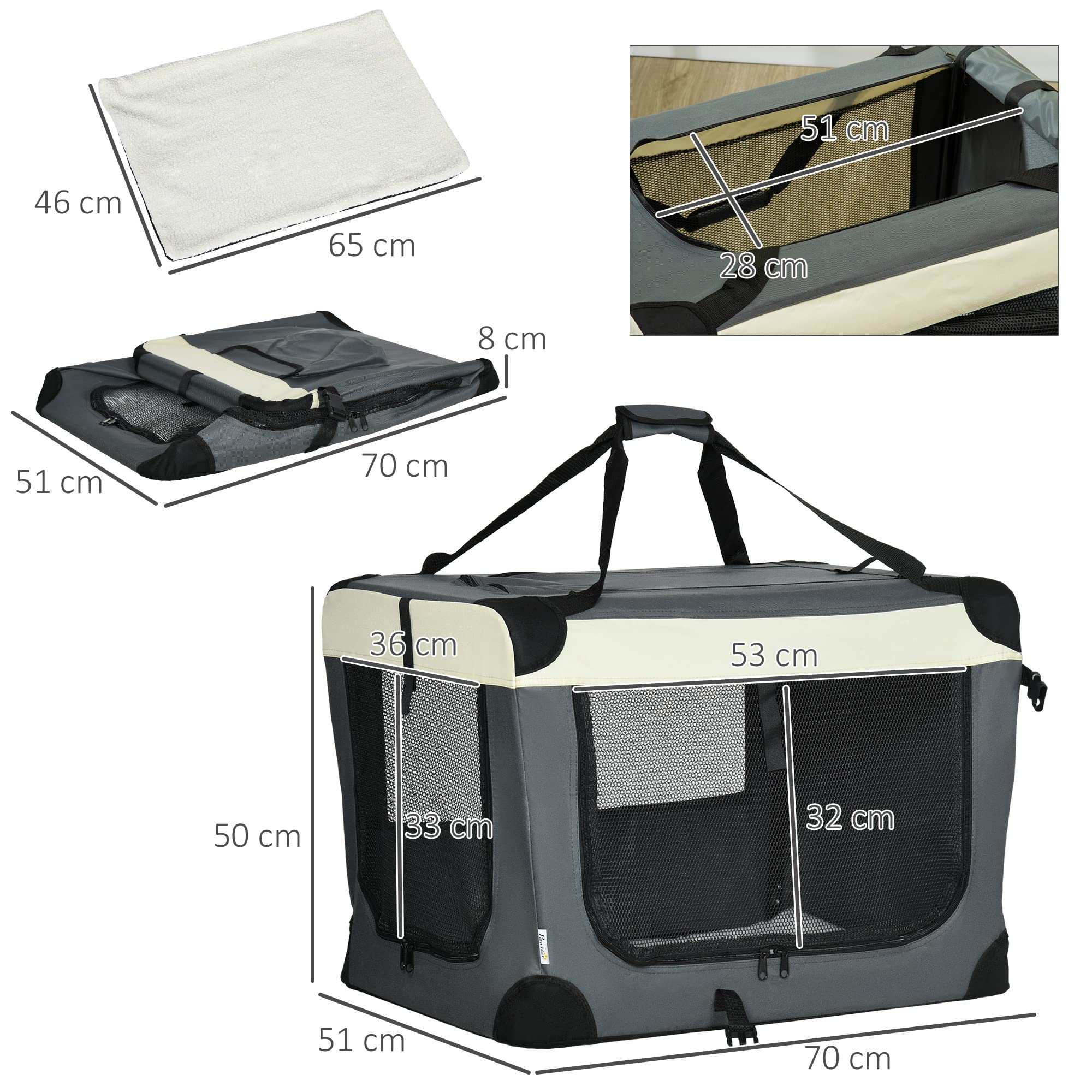 PawHut Bolsa de transporte plegable para mascotas de 70 cm, caja de viaje suave, transportador portátil para gatos con cojín, para gatos y perros pequeños, gris