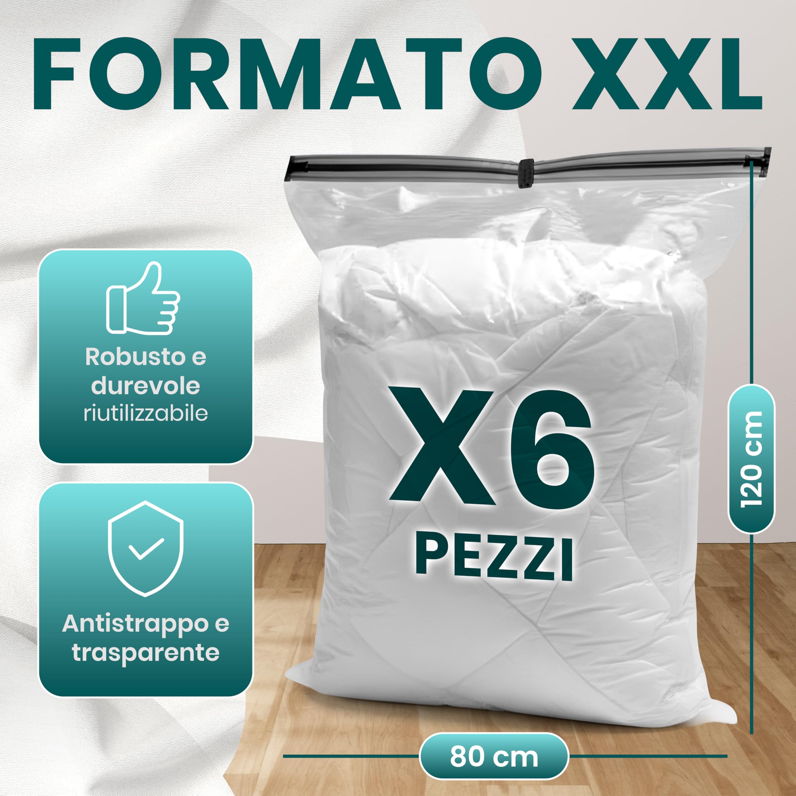 myHodo Sacchetti Sottovuoto XXL (6 Pezzi, 80x120 cm) – Extra Grandi Buste Salvaspazio Riutilizzabili per Piumoni, Coperte, Vestiti e Tessuti Voluminosi, Sacchi Durevoli con Doppia Chiusura Ermetica - 3