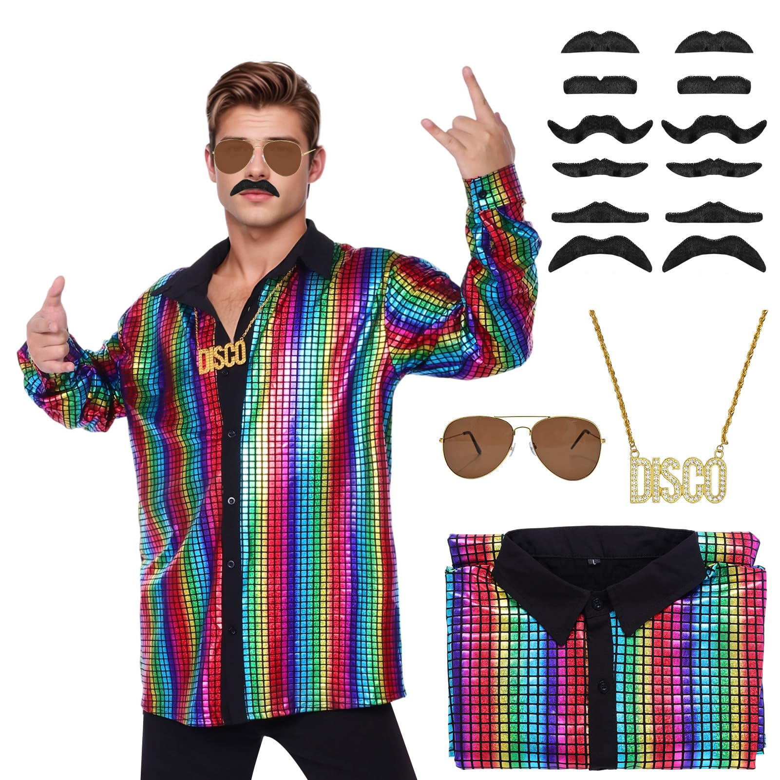 Antsparty Disco Costume Mens, 70s Fancy Dress Costume Set with Sequin Shirt Necklace Glasses Beard, 60s 70s Men Hippie Costume for Disco Themed Party