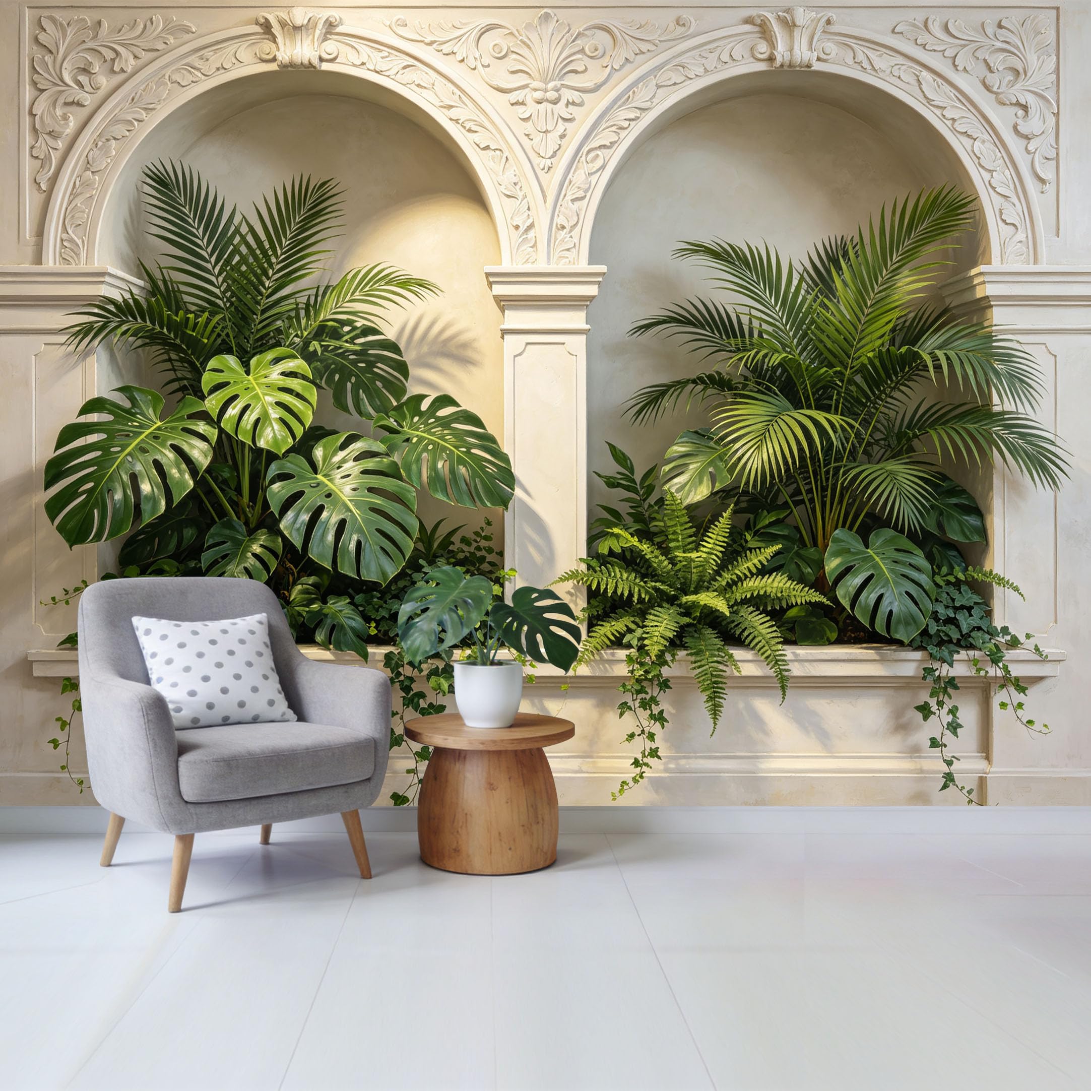 Custom Size Wall Mural Tropical Botanical Green Palm Monstera Leaves Arch Classical Pattern Removable Self Adhesive Fabric Home Wall Decor for Living Room Bedroom Bathroom