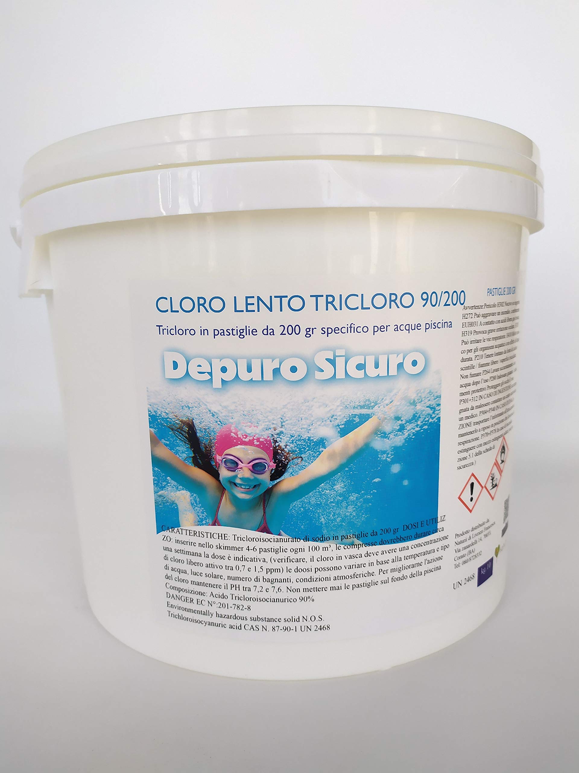 Depuro Sicuro kg 10 Cloro Lento, tricloro 90/200 compresse Pastiglioni da 200 gr, cloro attivo 90%