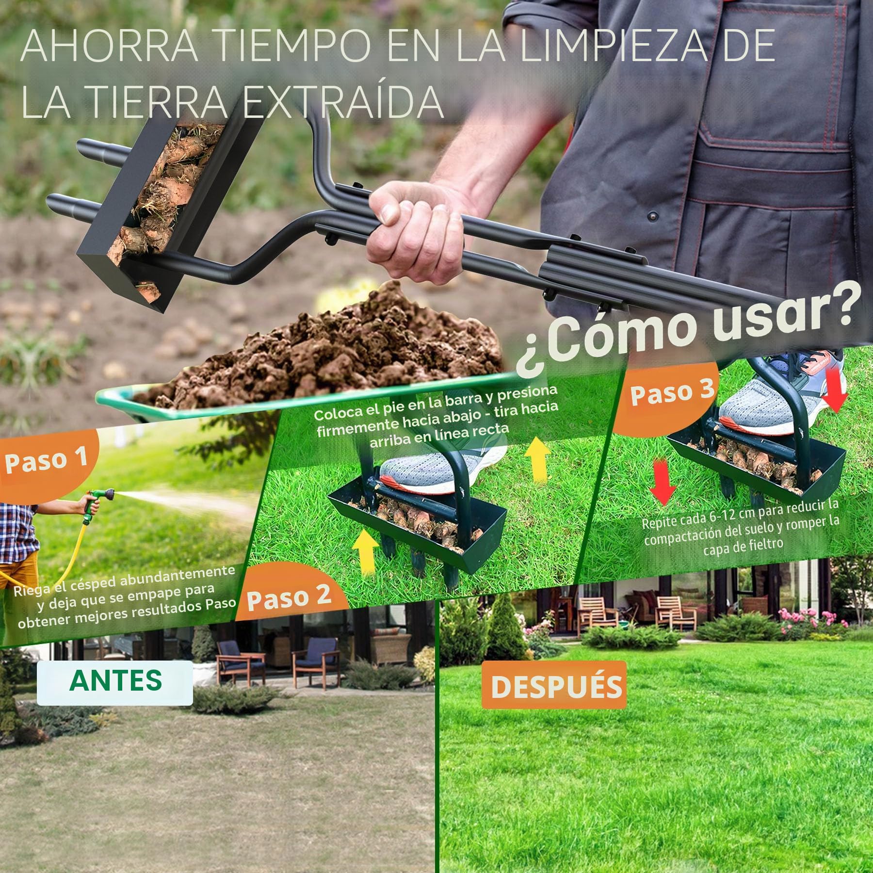 EEIEER Aireador Cesped, Escarificador Cesped Manual Aireador de Césped con Bandeja de Almacenamiento y Herramientas de Jardín, Aireado Pesado Escarificador de Cesped para Compactado del Suelo