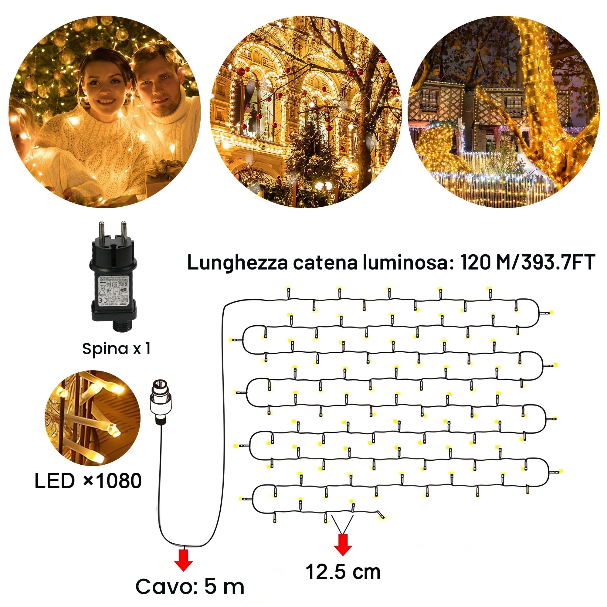 120M Luci Natale Esterno per Decorazioni Natalizie, Bianco Caldo | Luci Natalizie con Telecomando, 1080 LED, Impermeabile, 8 Modalità, Timer, Decorazione per Albero Natale, Giardino