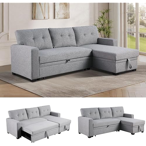 Reversible Sectional Sleeper Sofa with Pull Out Couch Bed, Convertible L-Shaped Sofá w/Storage Chaise, Comfy Modular Corner Sofa&Couch, Sofa Cama para Sala for Living Room Apartment Office Furniture