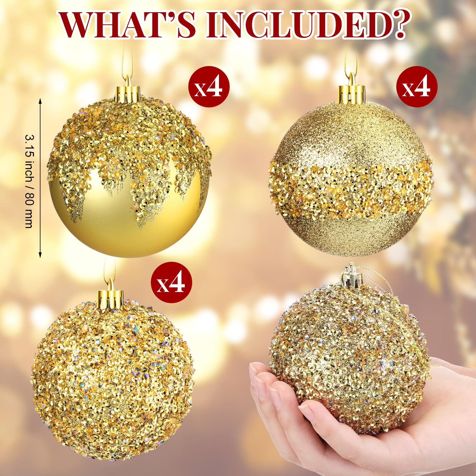 Syhood 12 adornos de bolas de Navidad con purpurina de 3.15 pulgadas, decoraciones de bolas de Navidad de lentejuelas de diamantes de imitación para colgar bolas de plástico para árboles de Navidad,
