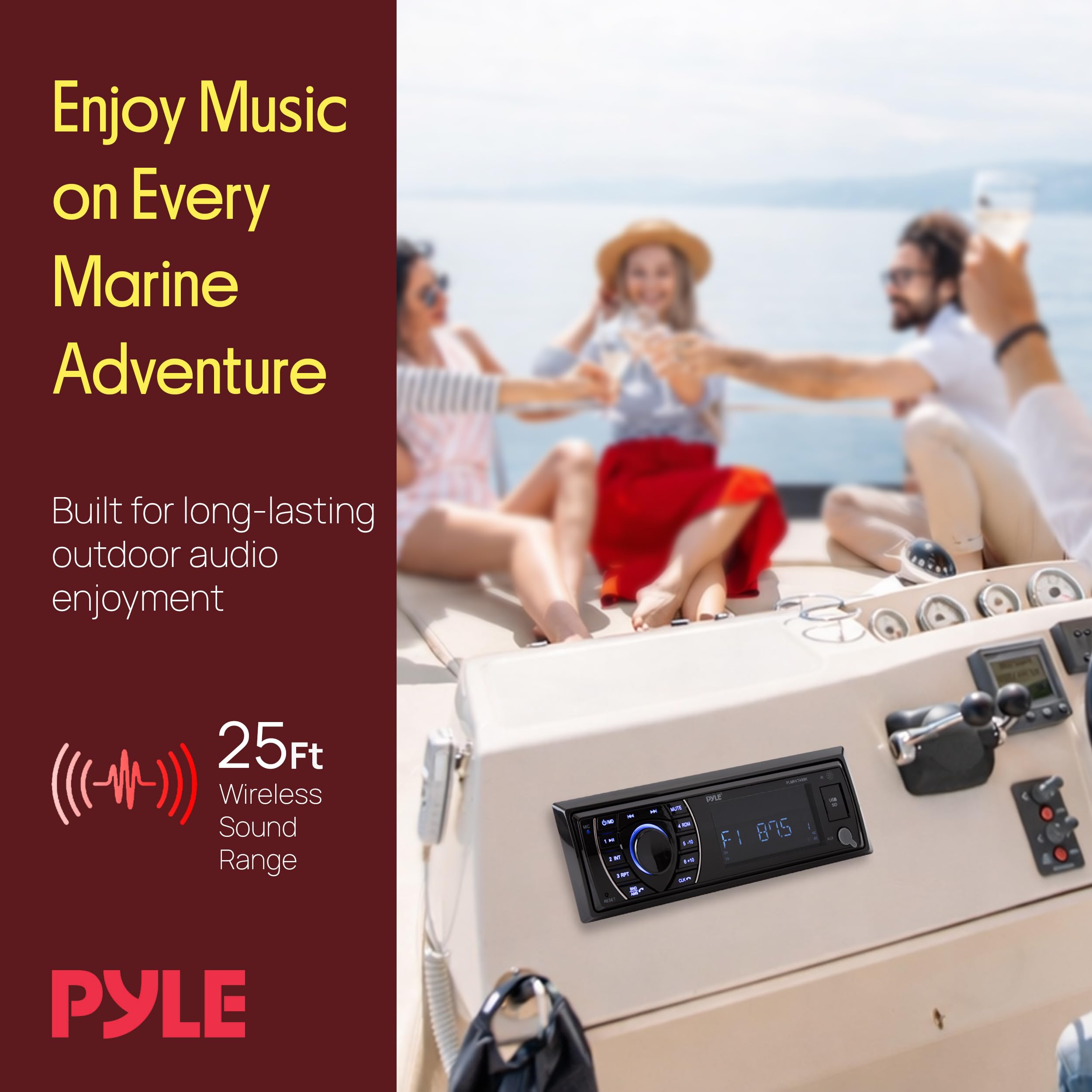 Pyle Kit Receptor Marino con Unidad Principal y Altavoces, Estereo, Digital LCD, Bluetooth, Microfono, Sistema de Radio Am/FM, Impermeables, Lectores MP3/SD y Mando a Distancia