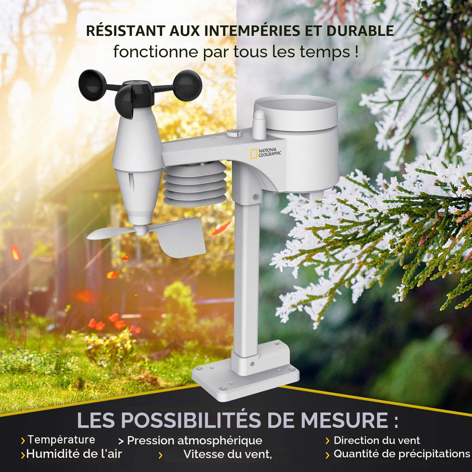 National Geographic Station Météo Couleur Sans Fil Avec Capteur Extérieur 5 En 1 De Température/Humidité De L’air/Pression Atmosphérique/Anémomètre/Pluviomètre, Noir,
