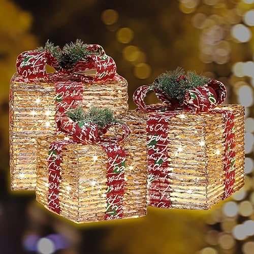 Miniatura 5 de TWINGLEHOME Paquete de 3 cajas de regalo de ratán iluminadas con 70 luces LED de Navidad de 10 a 8.5 pulgadas, 70 luces LED, decoraciones navideñas