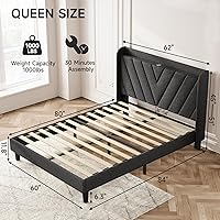 Vista 116 de koorlian Base de cama Queen con cabecero, base de cama tapizada ajustable con puertos tipo C y USB, cabecera de almacenamiento con respaldo de ala