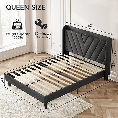 Miniatura 82 de koorlian Marco de cama Queen con plataforma tapizada ajustable de terciopelo con puertos tipo C y USB, cabecera de almacenamiento con respaldo de