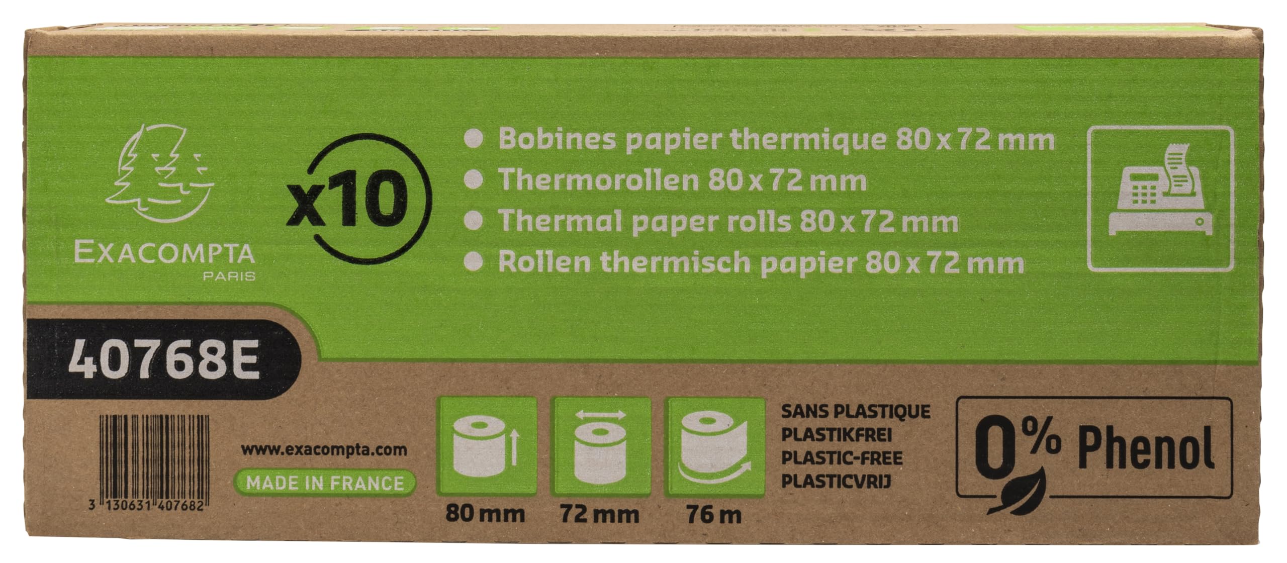 Exacompta - Ref 40768E - Caja de 10 bobinas térmicas para recibos - Ancho 80 mm x diámetro 72 mm, 1 capa térmica 48 g/m² sin fenol, cero residuos de plástico - Medidor +/-2 m: 76 m