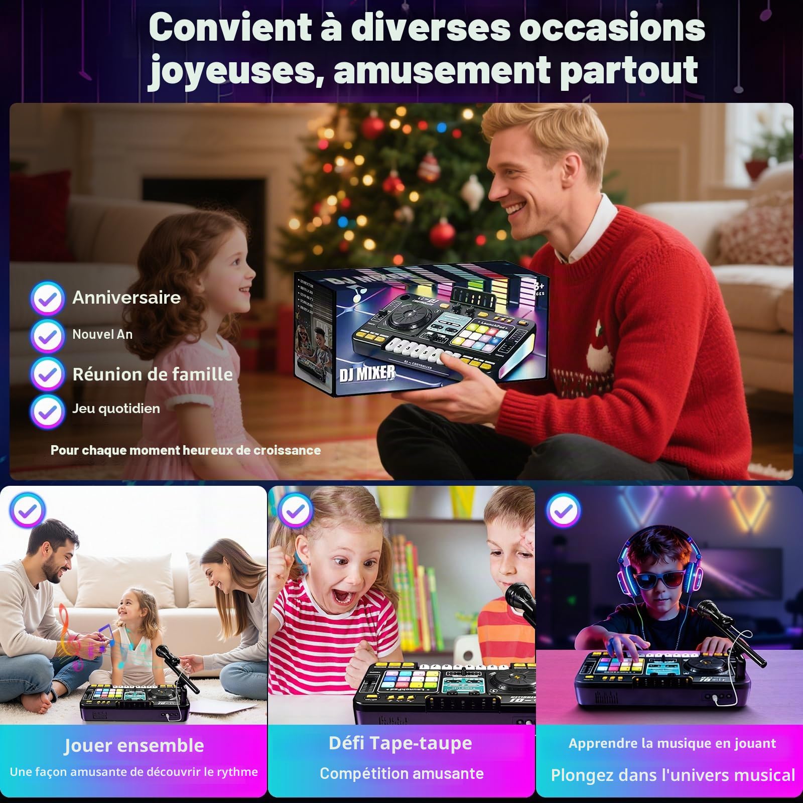 Platine DJ Enfant, Table Mixage Enfant, Table de Mixage DJ Set Jeu, avec Bluetooth, Microphone, Jeux Lumineux, Chargement USB, Convient pour 3 à 10 ans, Jouet pour Fêtes Familiales et Divertissement