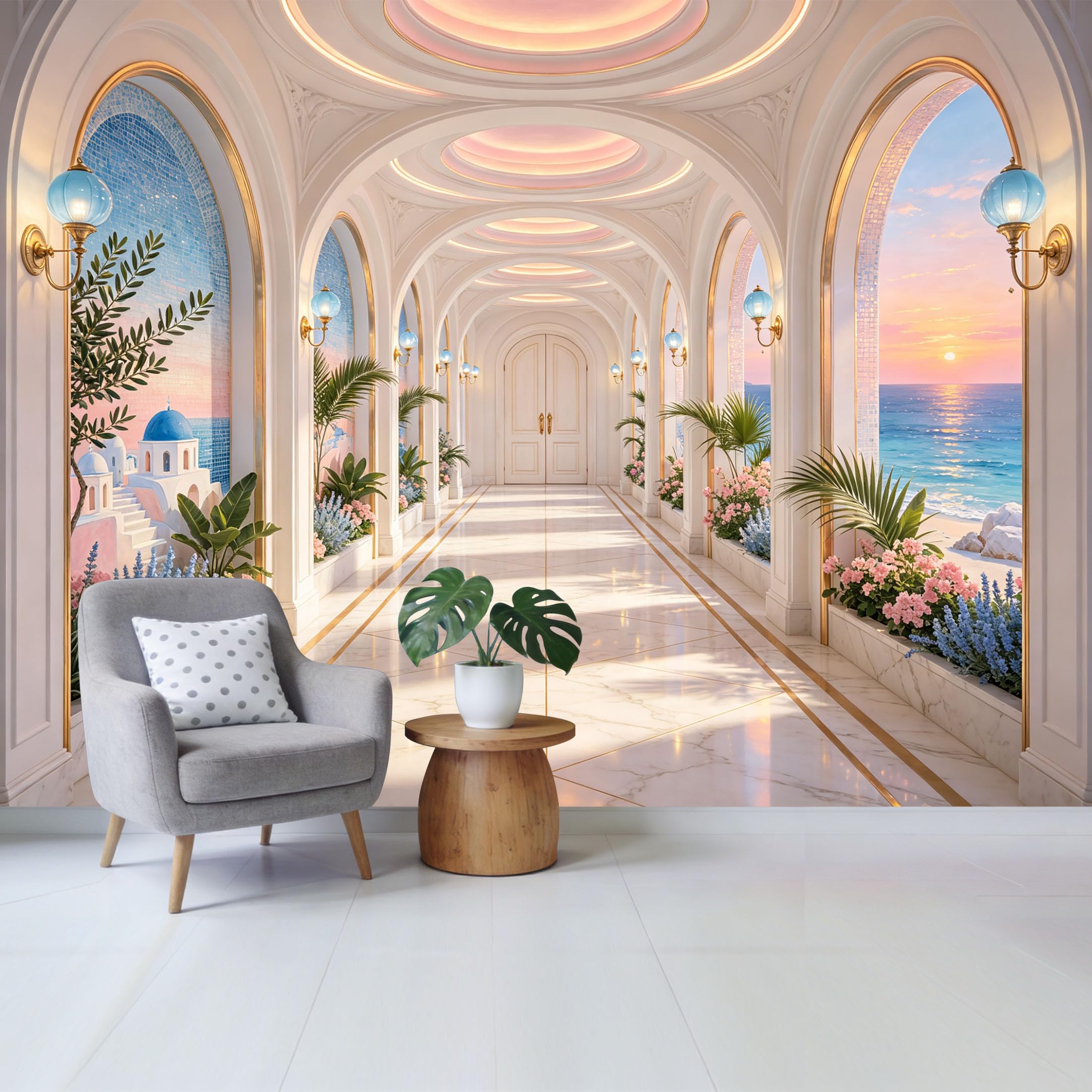 Removable Self Adhesive Fabric Mural， Mediterranean Coastal Sunset Archway Custom Size Wall Covering， UV Protected Waterproof Washable Wall Decor for Living Room Bedroom Bathroom