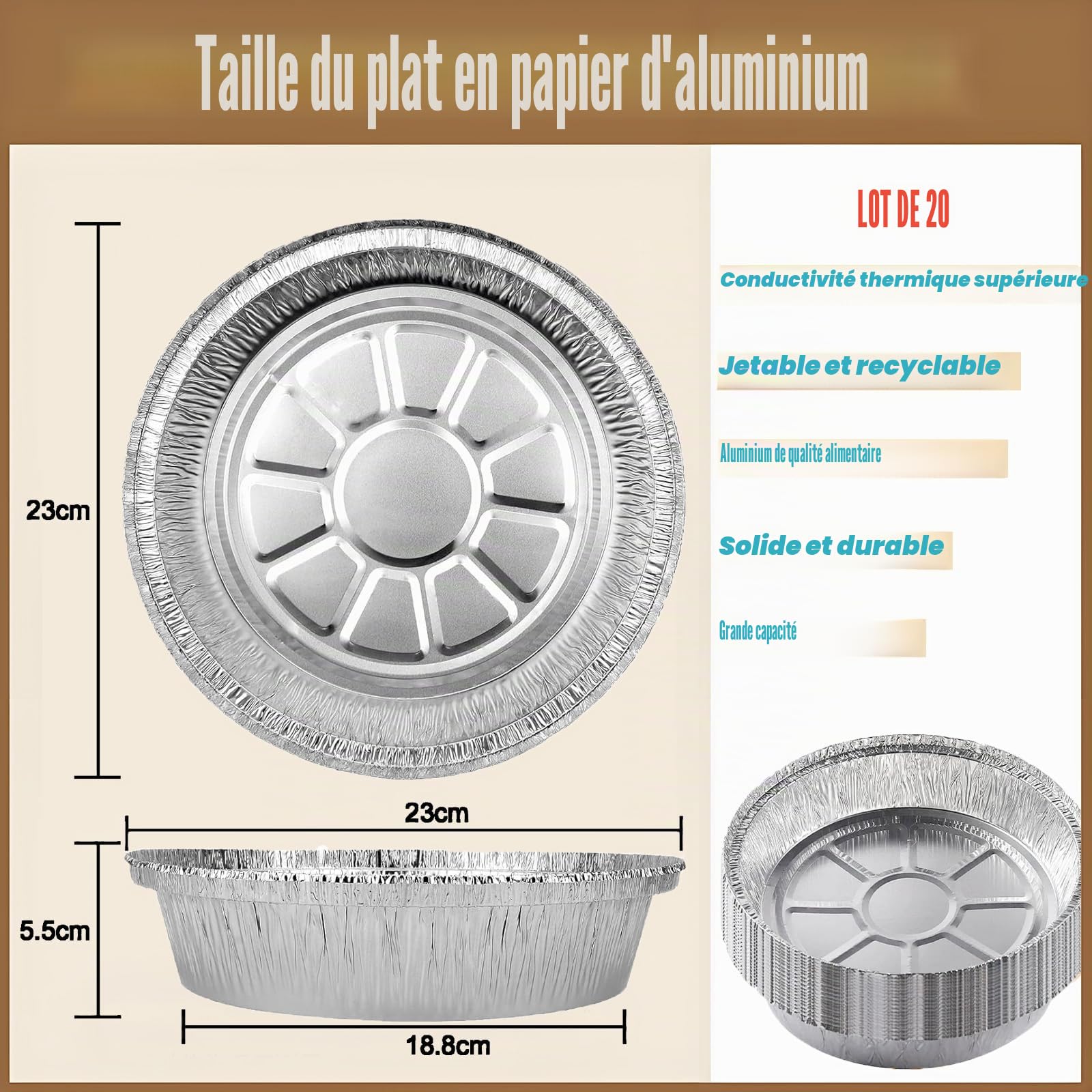 MUAMAX Plateaux jetables en aluminium de 22,9 cm avec couvercle pour petits gâteaux ronds en étain, petits pains, assiettes à gâteau, plateaux ronds en aluminium, 20 plaques à rôtir